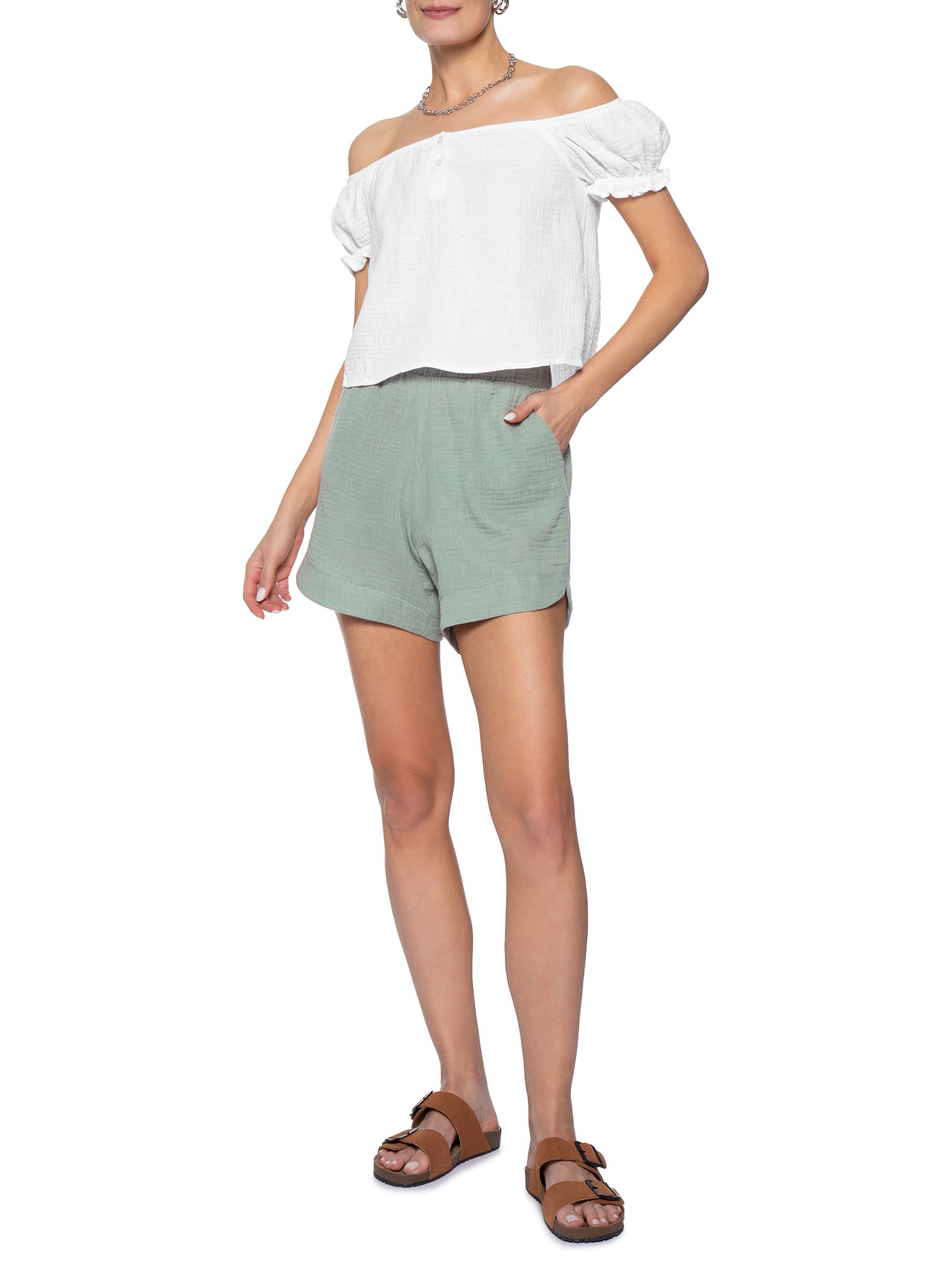 Blusa Feminina Ombro A Ombro Com Botões Branco Basiq