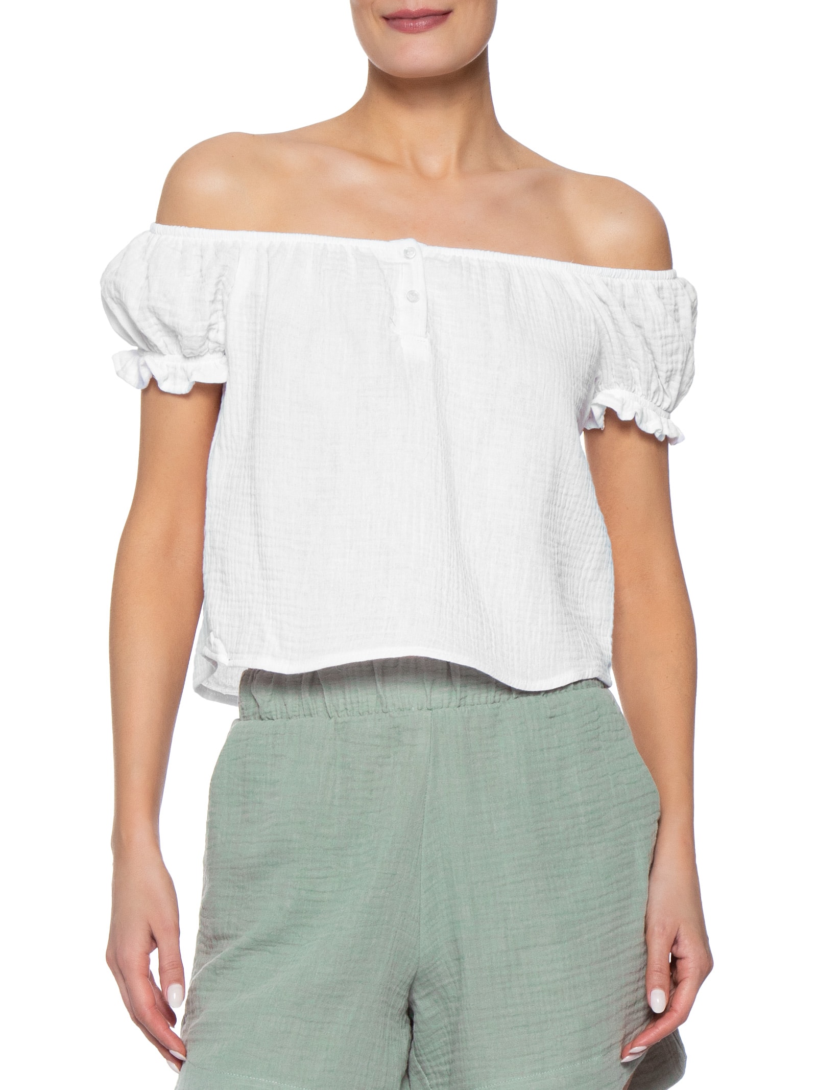 Blusa Feminina Ombro A Ombro Com Botões Branco Basiq