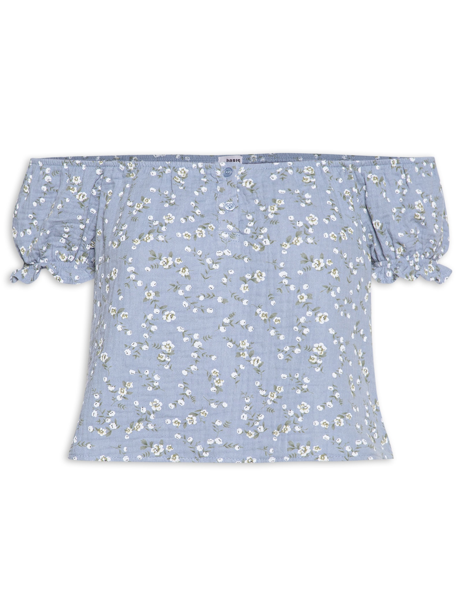 Blusa Feminina Ombro A Ombro Com Botões Floral Azul Basiq