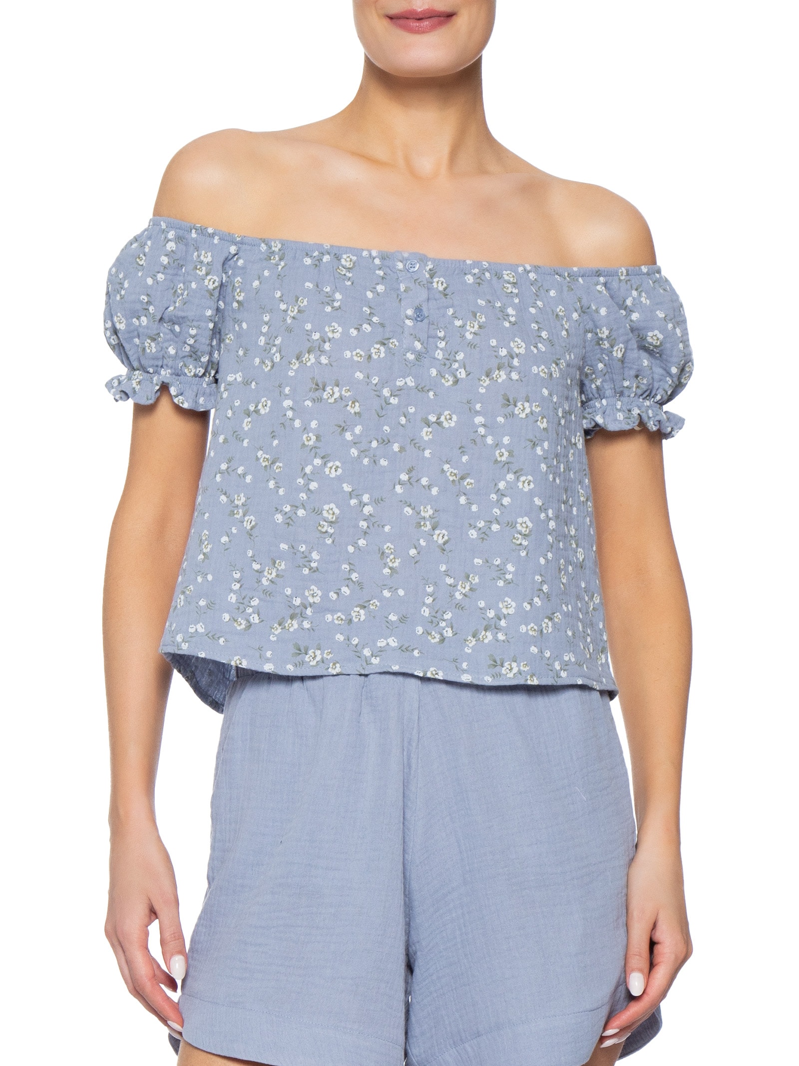 Blusa Feminina Ombro A Ombro Com Botões Floral Azul Basiq