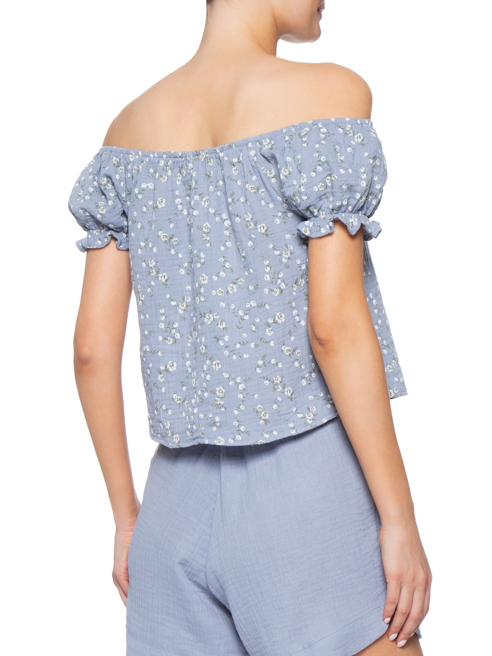 Blusa Feminina Ombro A Ombro Com Botões Floral Azul Basiq