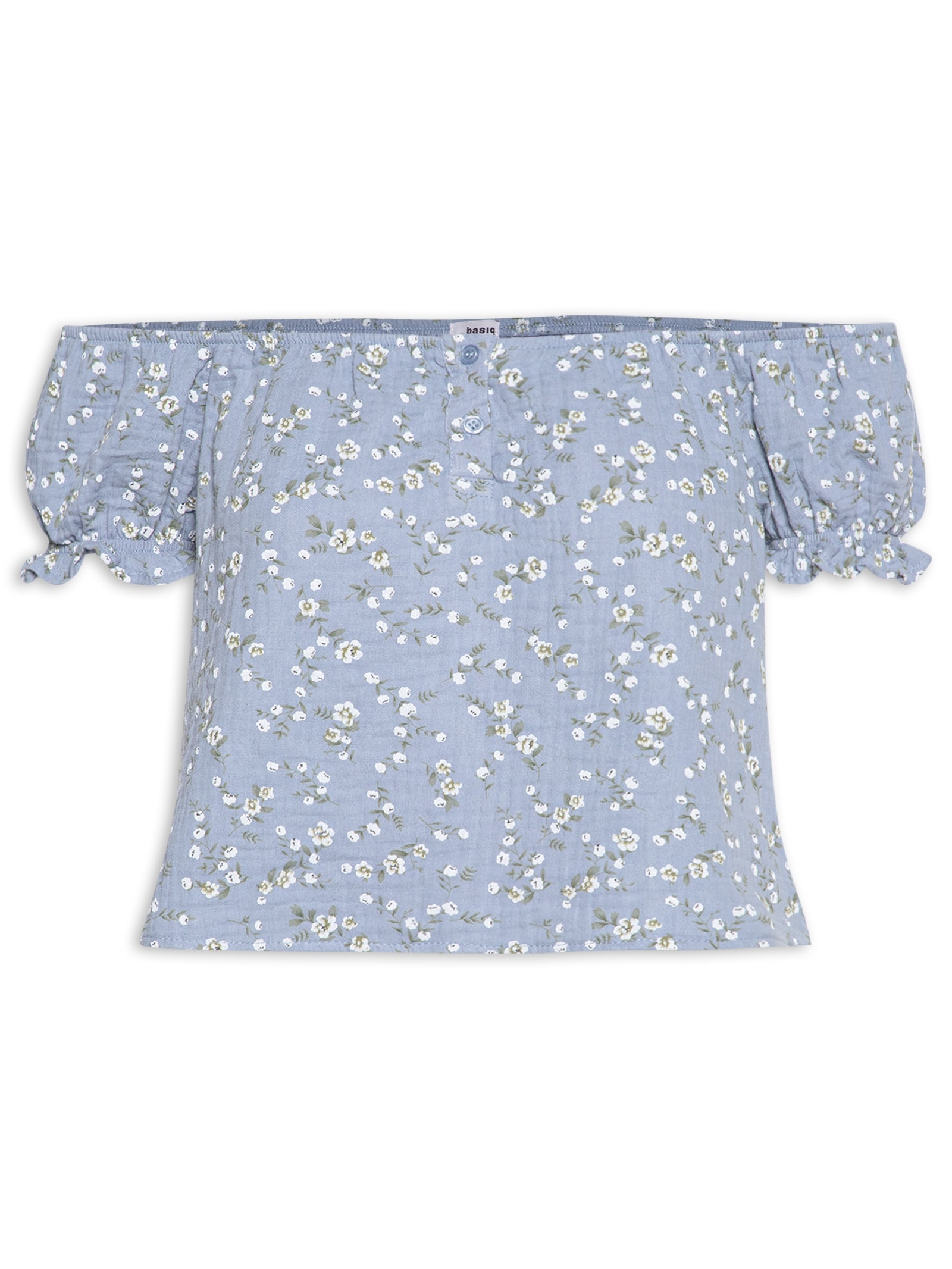 Blusa Feminina Ombro A Ombro Com Botões Floral Azul Basiq