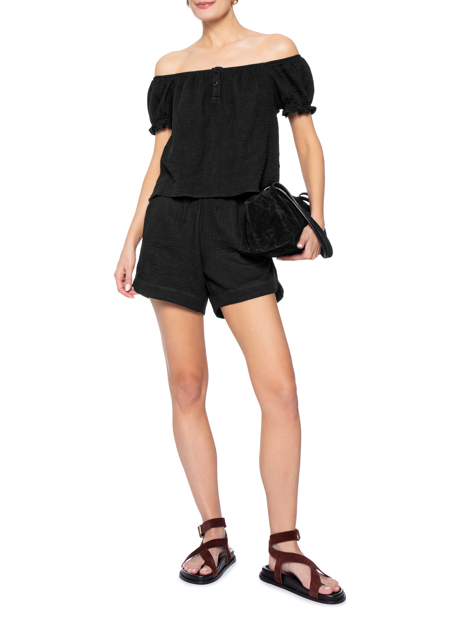 Blusa Feminina Ombro A Ombro Com Botões Preto Basiq
