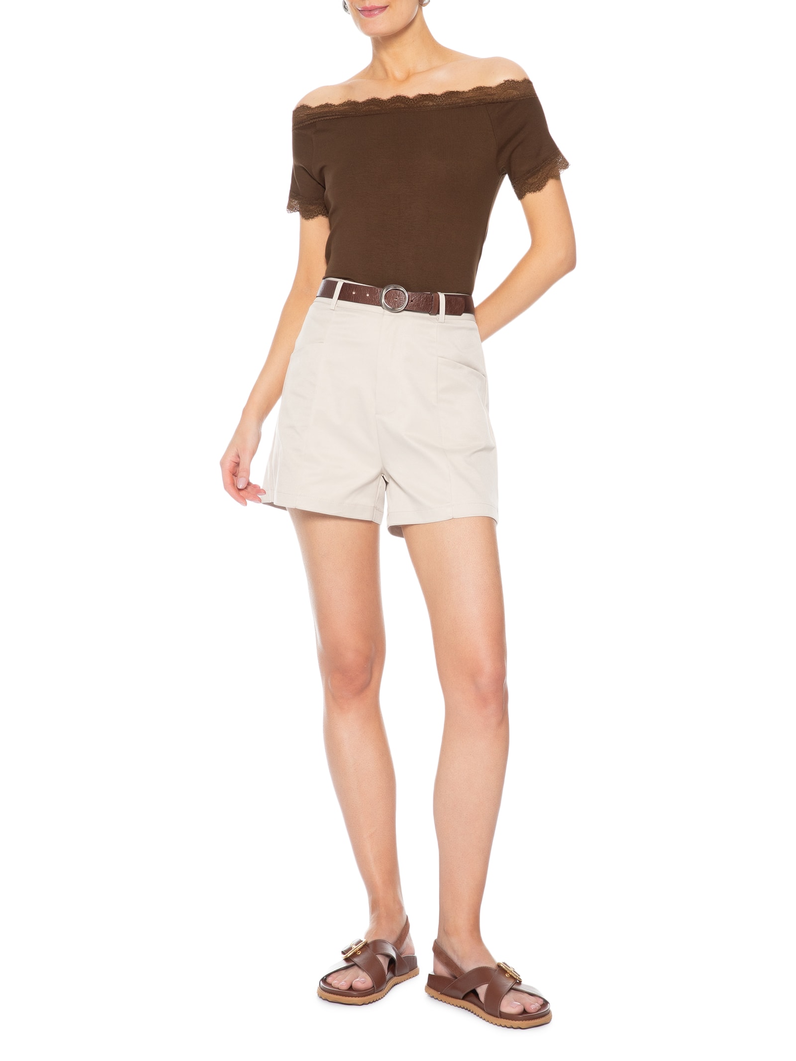 Blusa Feminina Ombro A Ombro Com Renda Marrom Basiq