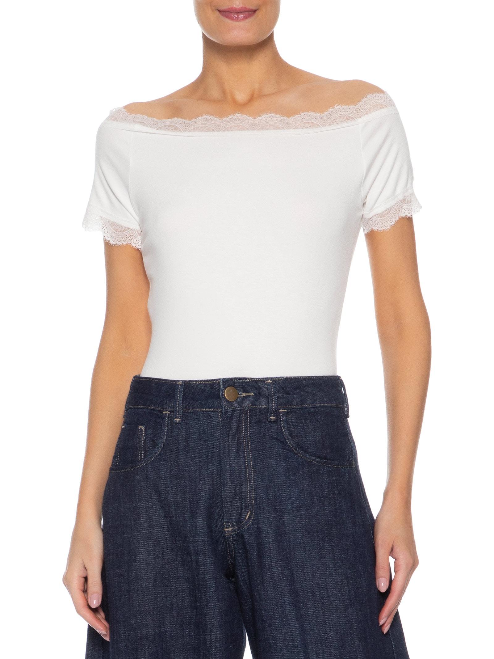 Blusa Feminina Ombro A Ombro Com Renda Off White Basiq