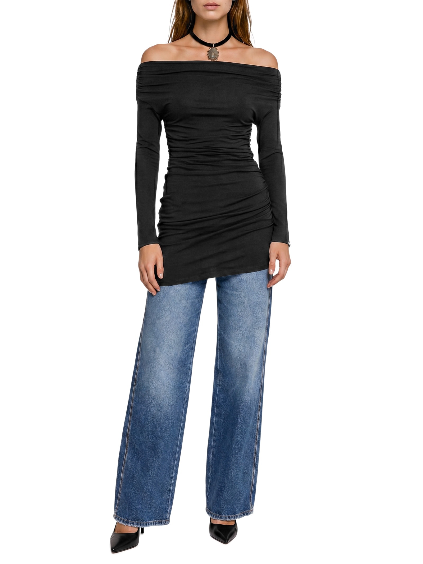 Blusa Feminina Ombro À Ombro De Manga Longa Preto Lança Perfume
