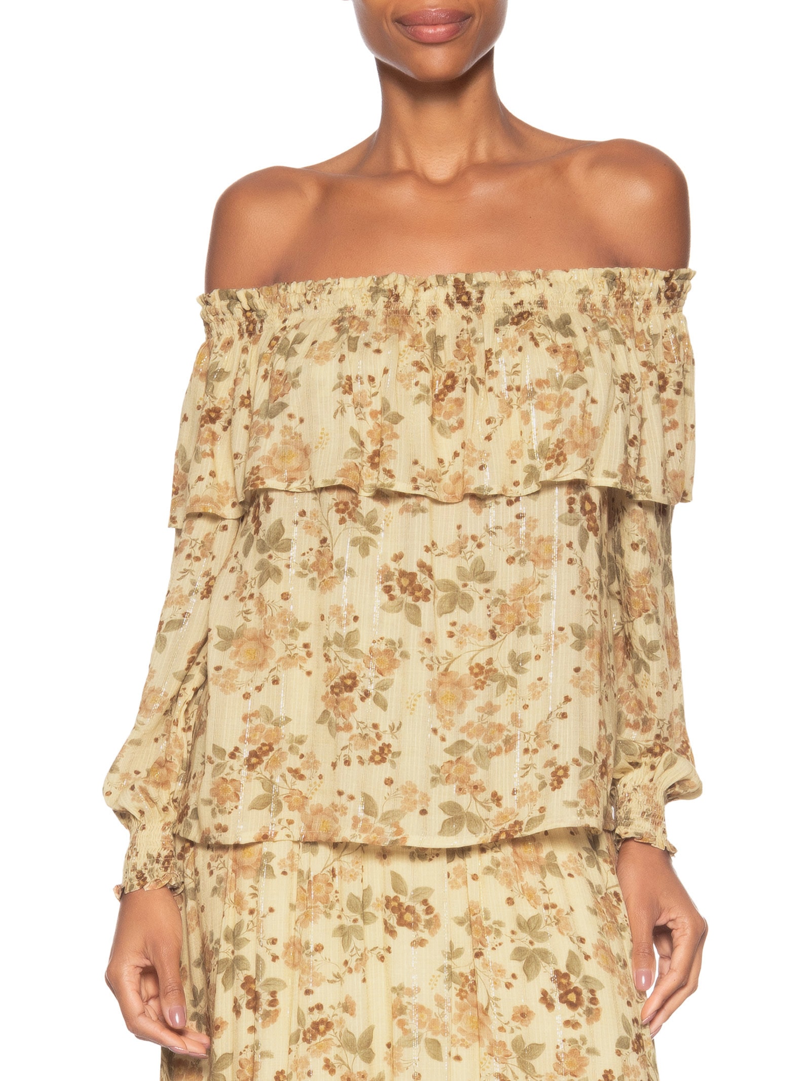 Blusa Feminina Ombro A Ombro Estampa Blush Bege Maria Filó