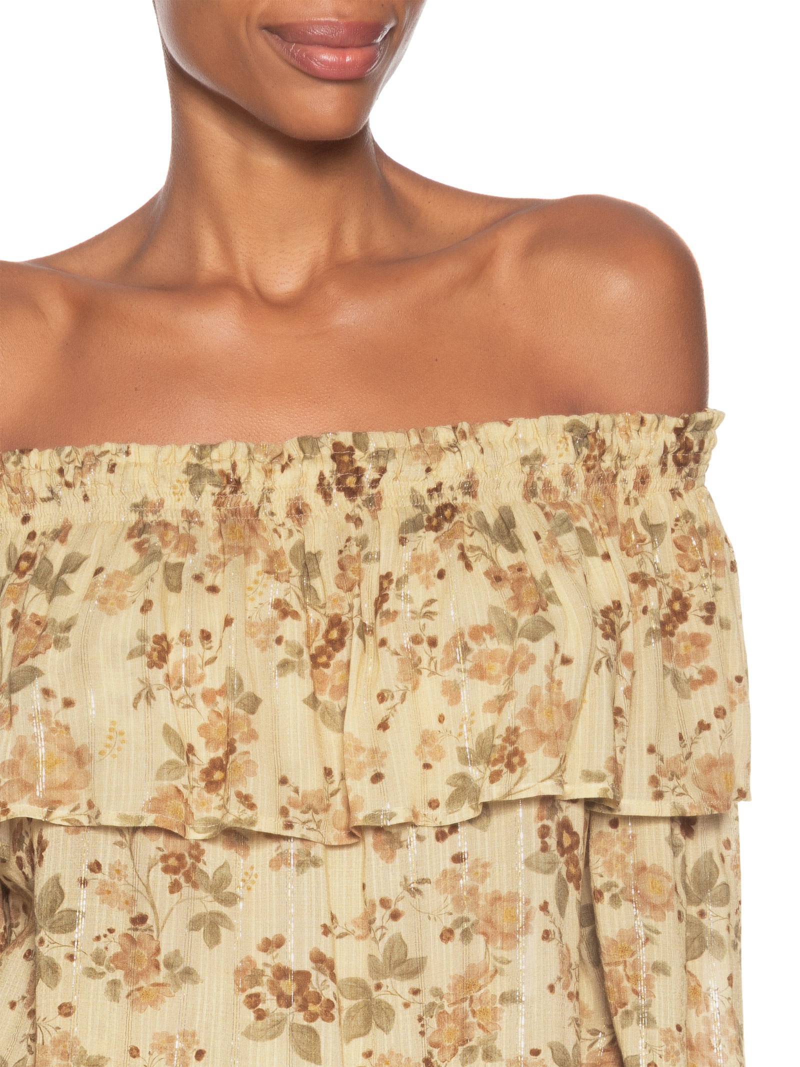 Blusa Feminina Ombro A Ombro Estampa Blush Bege Maria Filó