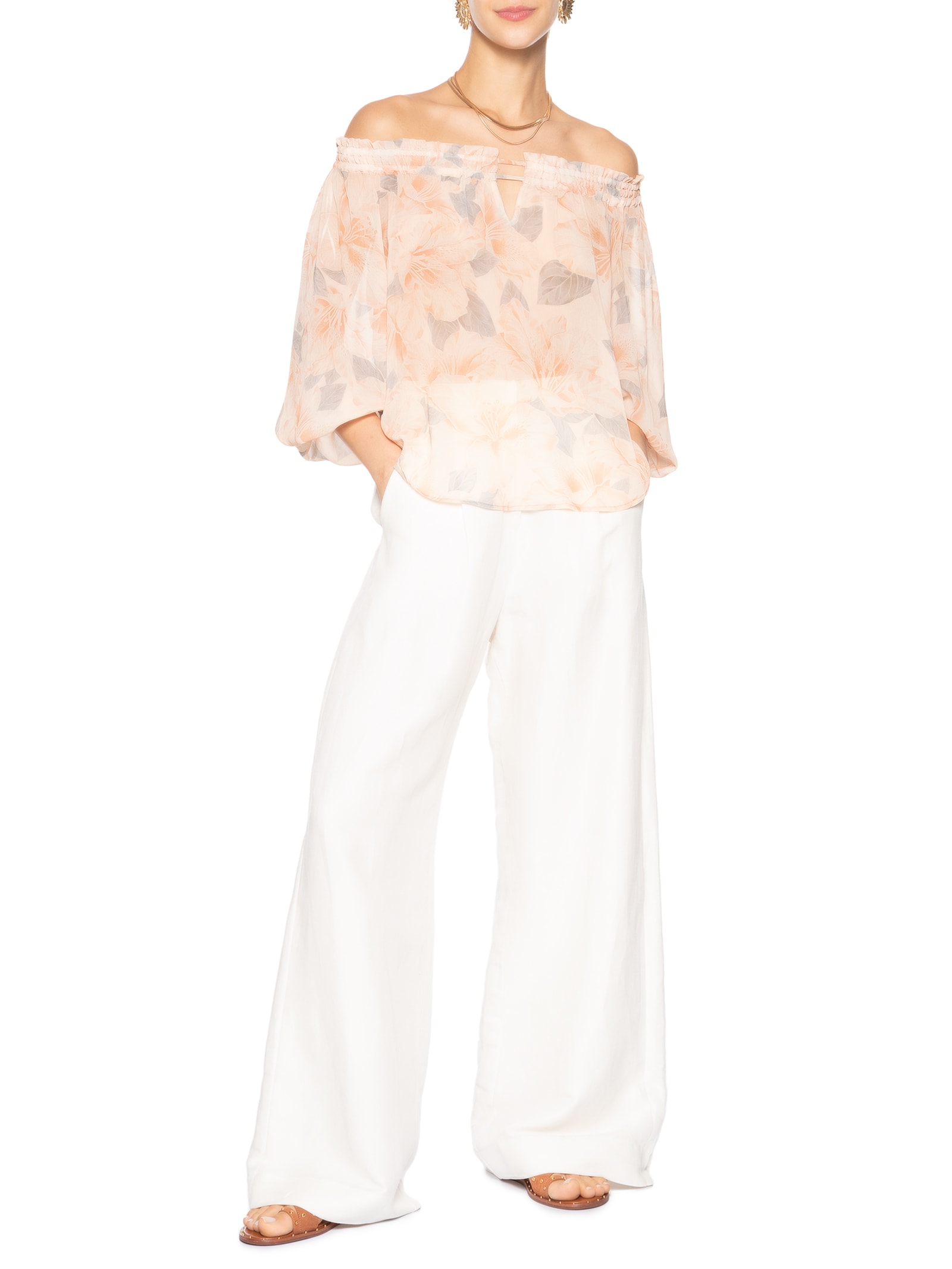 Blusa Feminina Ombro A Ombro Estampa Flora Bege Maria Filó