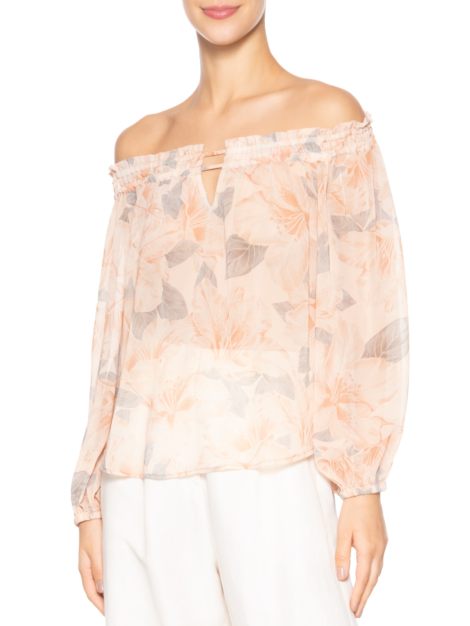 Blusa Feminina Ombro A Ombro Estampa Flora Bege Maria Filó