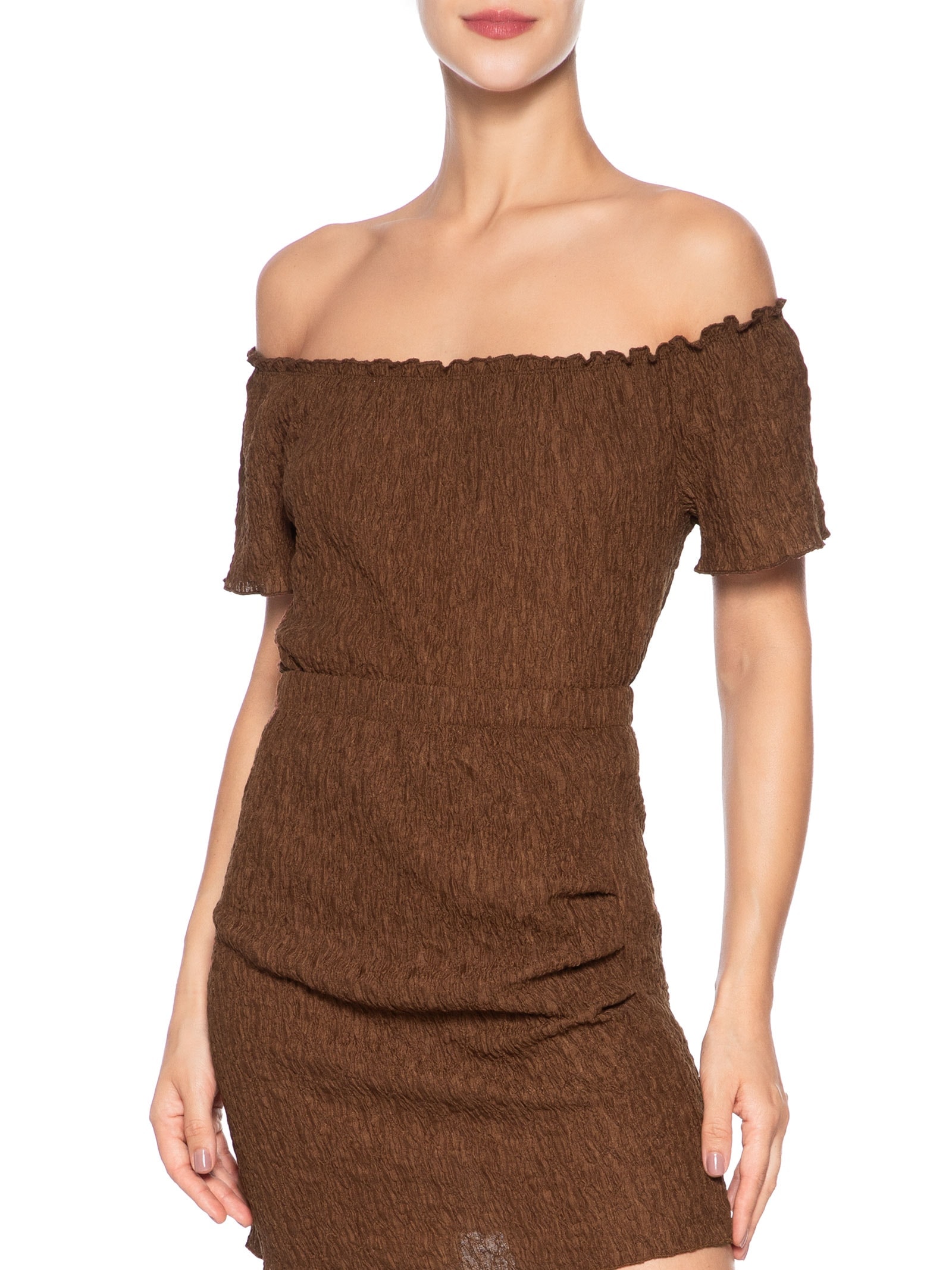 Blusa Feminina Ombro A Ombro Feminina Texturizada Marrom Market 33