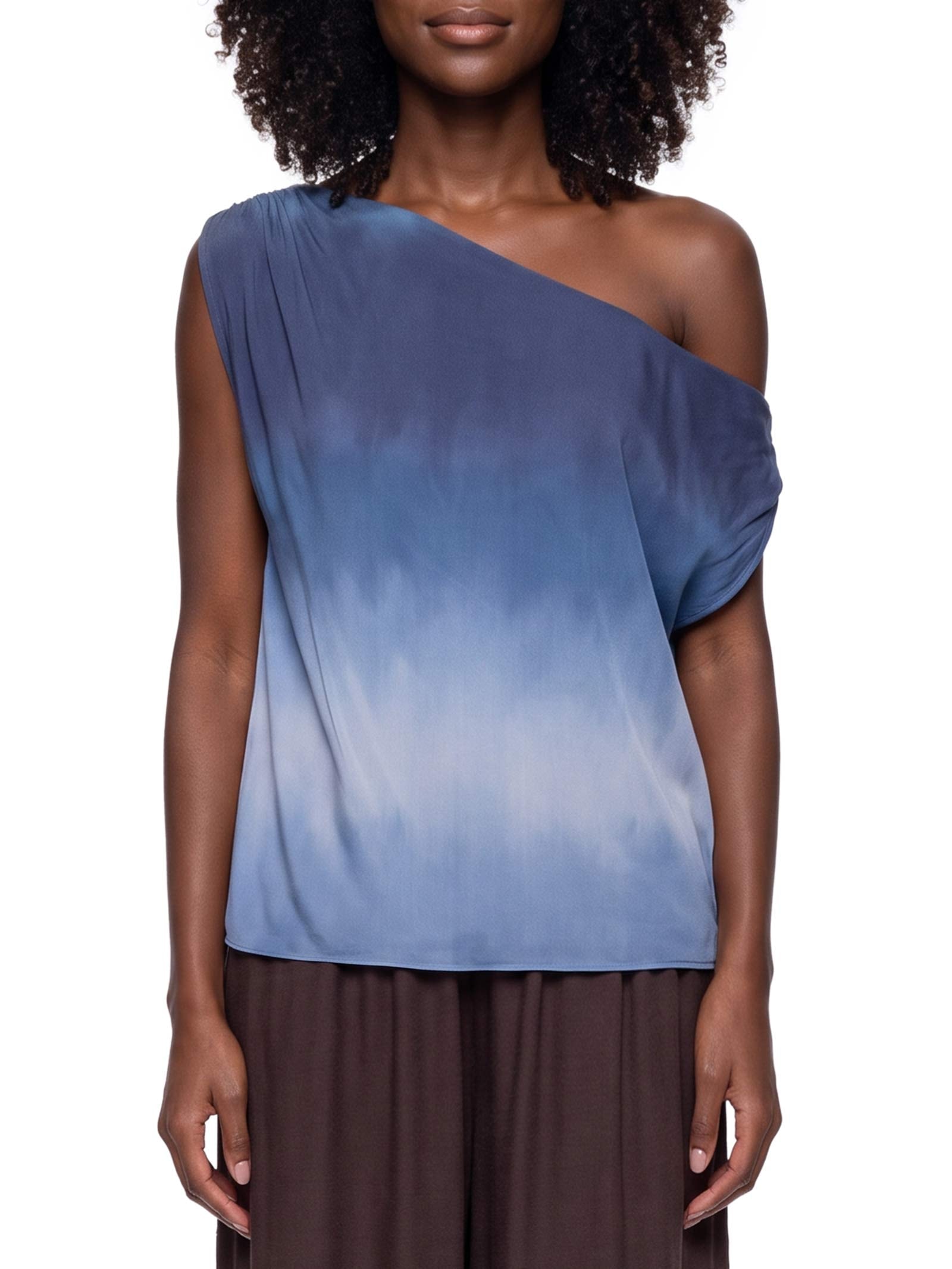 Blusa Feminina Ombro Caído Tule Estampado Azul Cacay