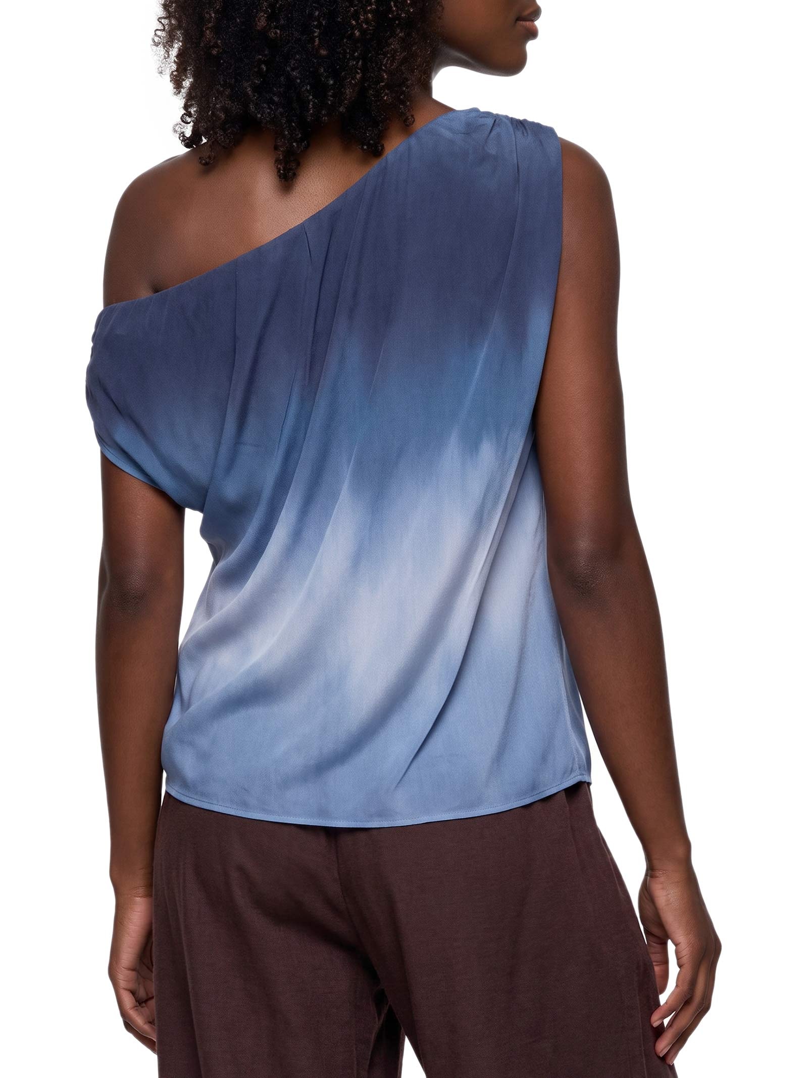 Blusa Feminina Ombro Caído Tule Estampado Azul Cacay