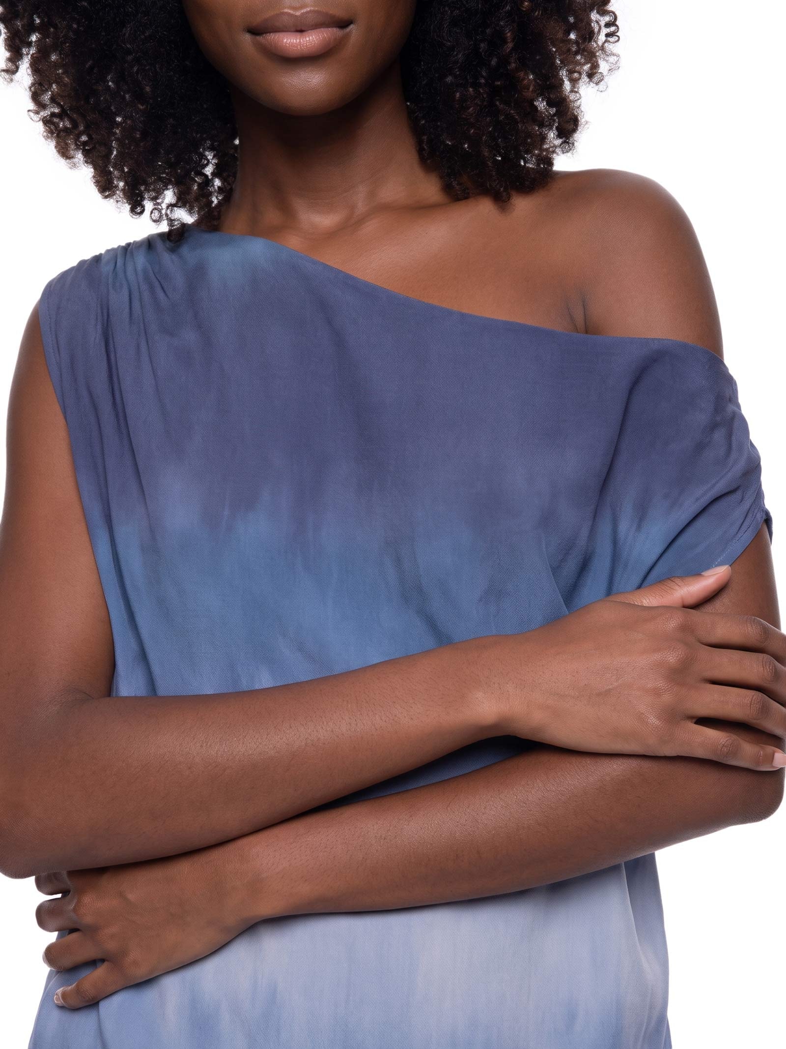 Blusa Feminina Ombro Caído Tule Estampado Azul Cacay