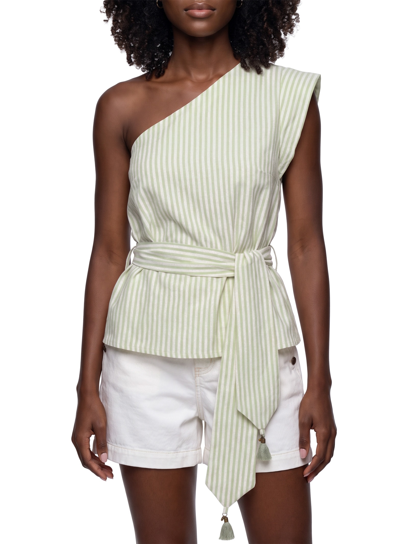 Blusa Feminina Ombro Só Faixa Cintura Estampada Verde Cacay