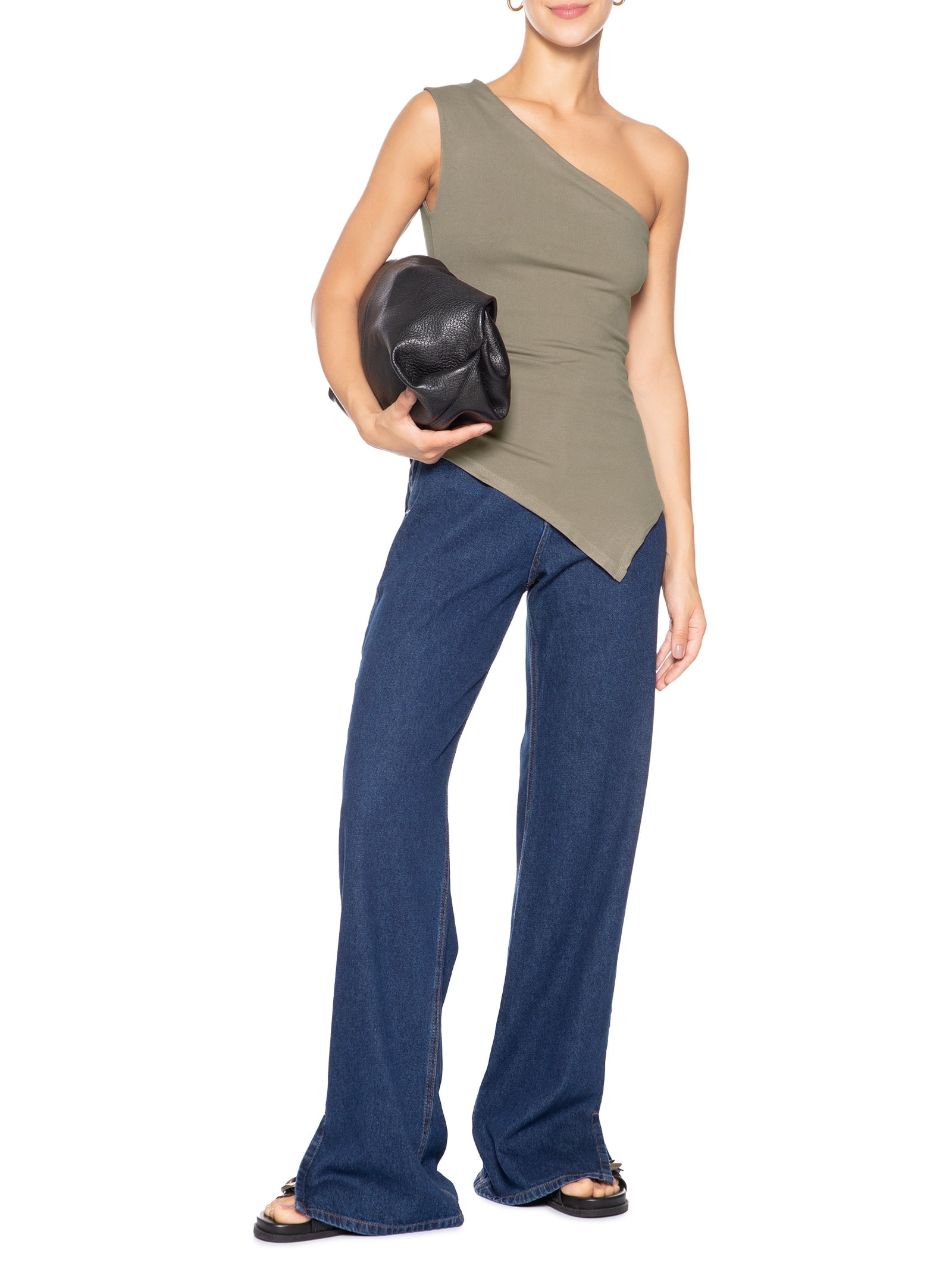 Blusa Feminina Ombro Único Drapeada Marrom Basiq