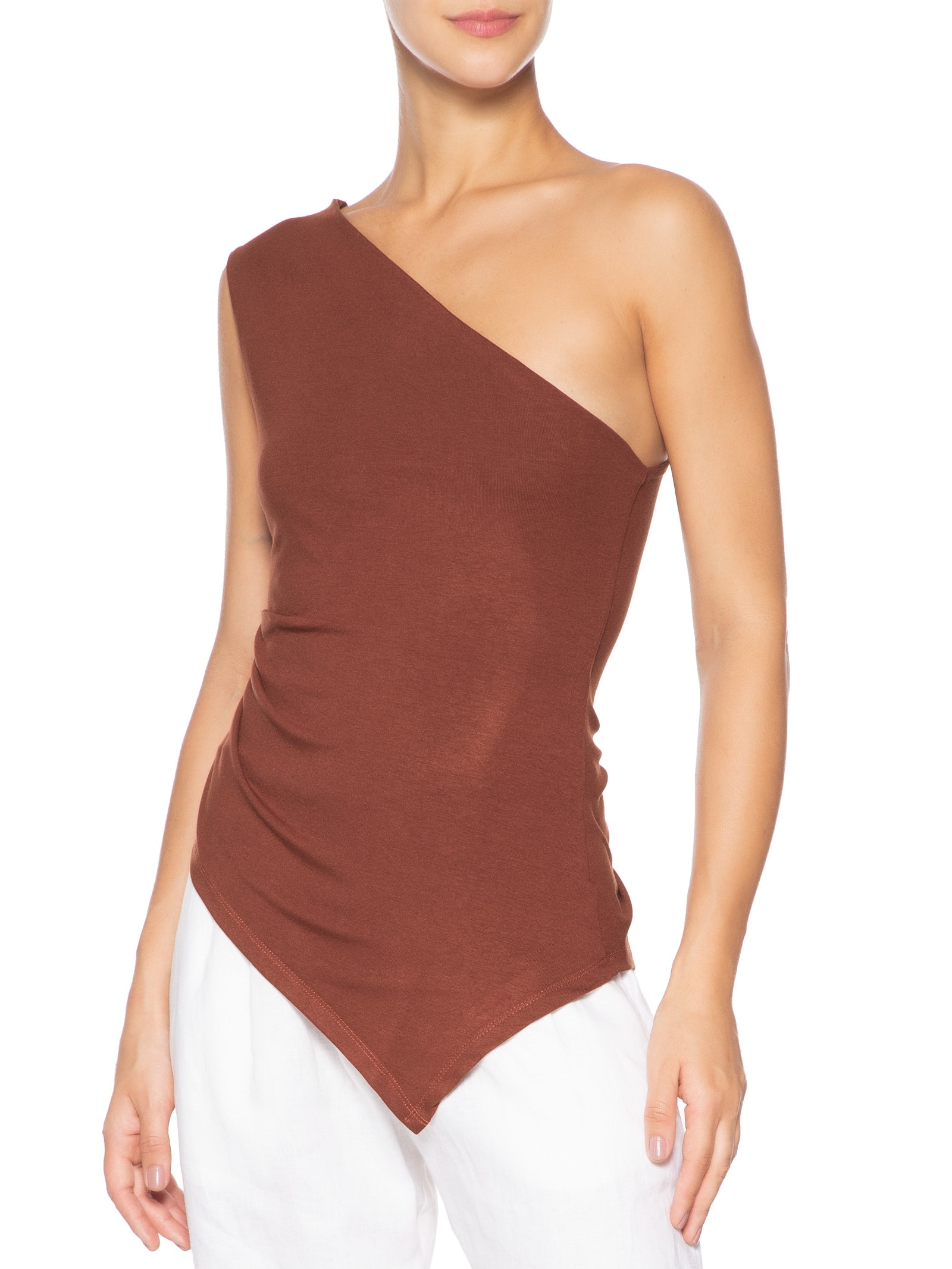 Blusa Feminina Ombro Único Drapeada Marrom Basiq