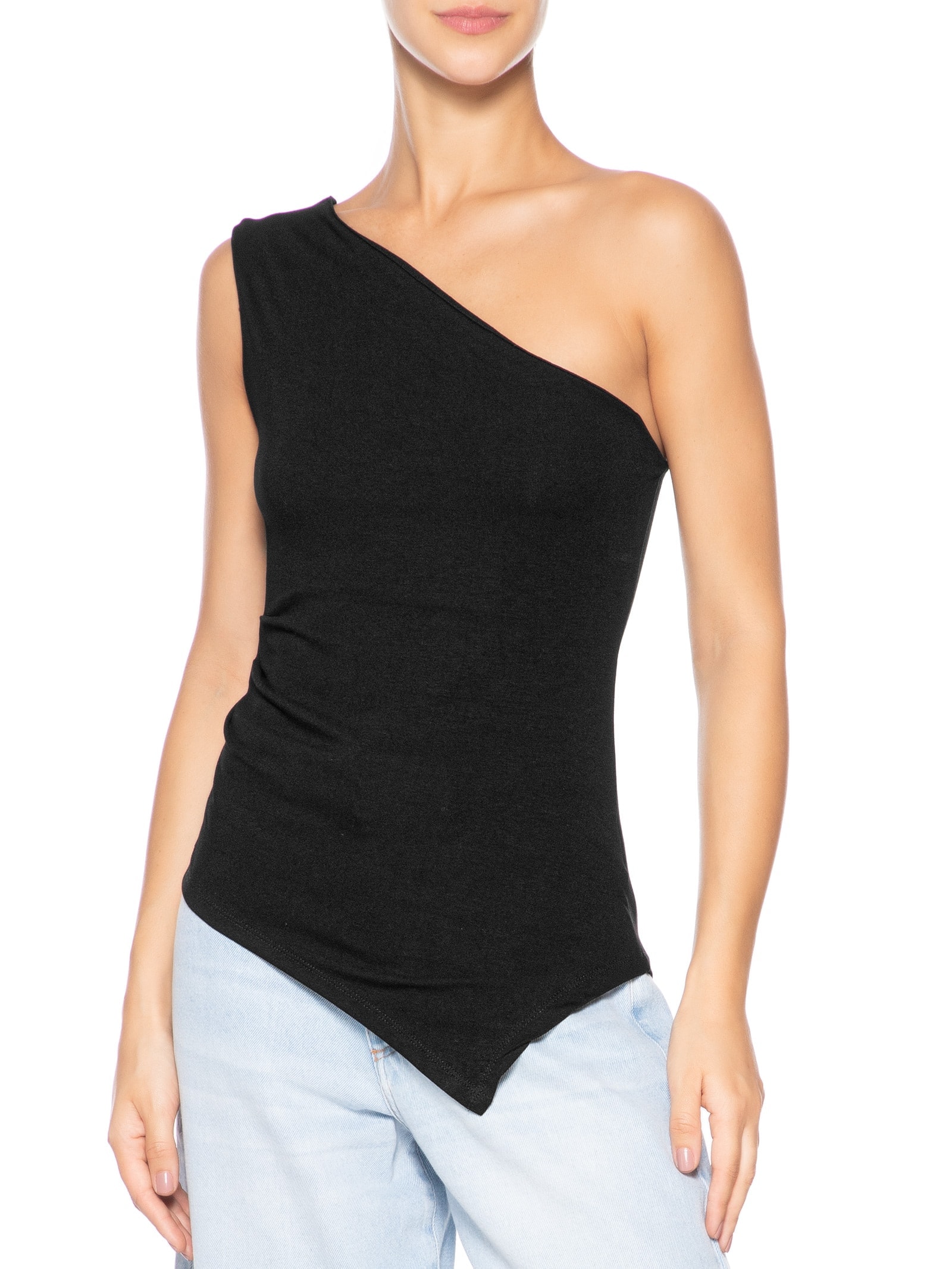 Blusa Feminina Ombro Único Drapeada Preto Basiq