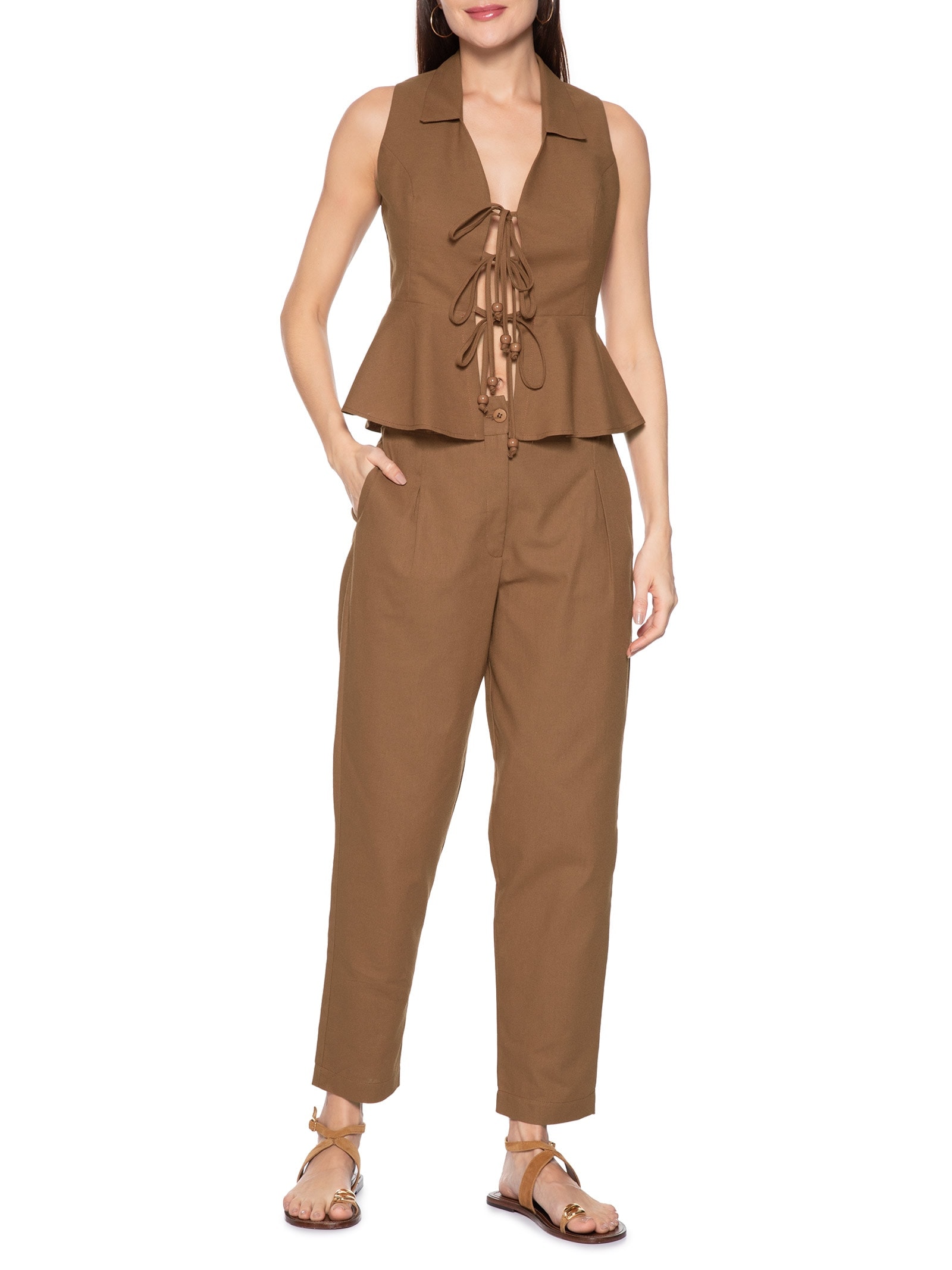 Blusa Feminina Peplum Amarração Marrom Cacay