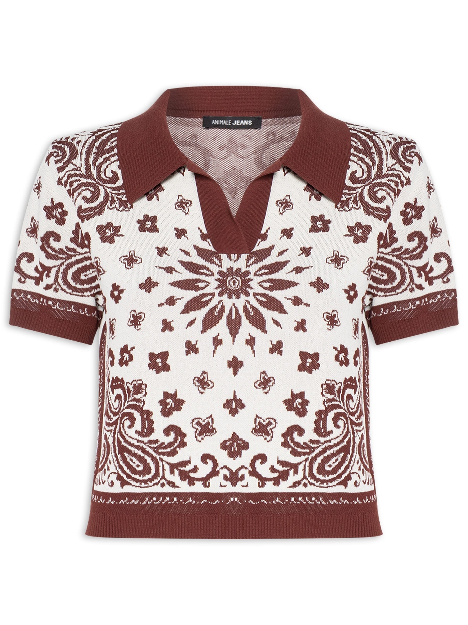 Blusa Feminina Polo De Tricot Bandana Marrom Animale Jeans