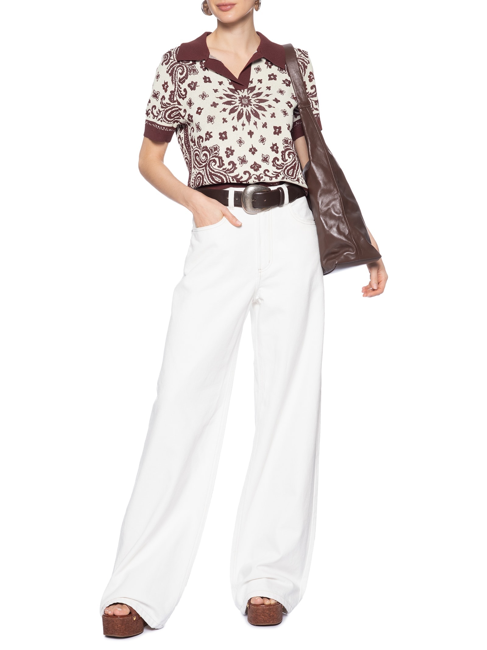 Blusa Feminina Polo De Tricot Bandana Marrom Animale Jeans