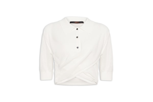Blusa Feminina Polo De Tricot Transpassada Cropped - Branco