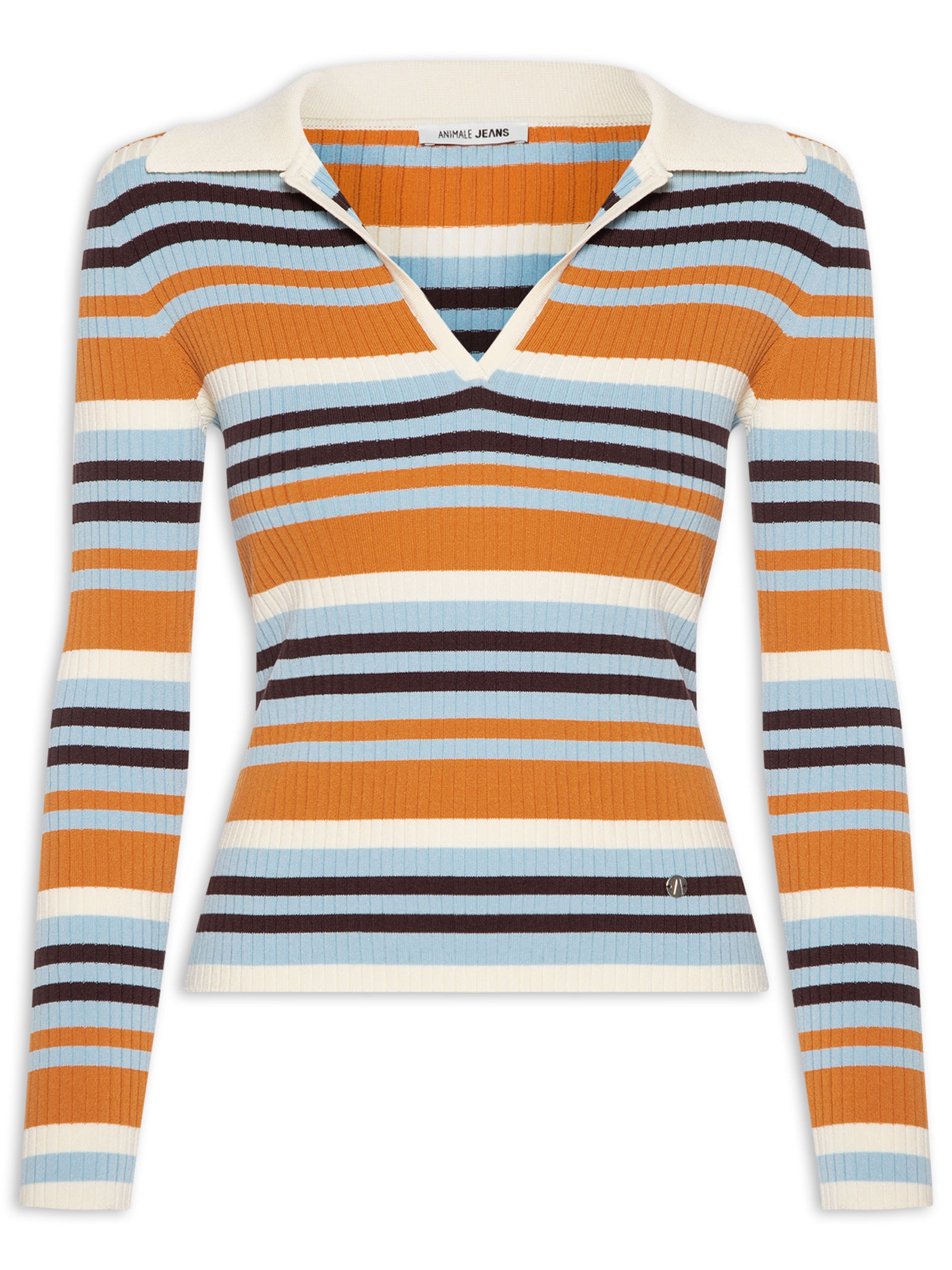 Blusa Feminina Polo Listrada De Tricot Com Decote Laranja Animale Jeans
