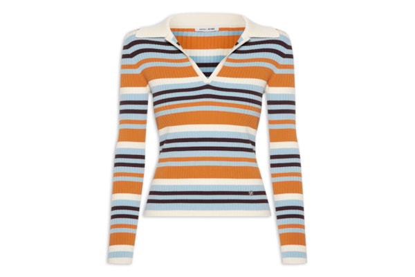 Blusa Feminina Polo Listrada De Tricot Com Decote - Laranja
