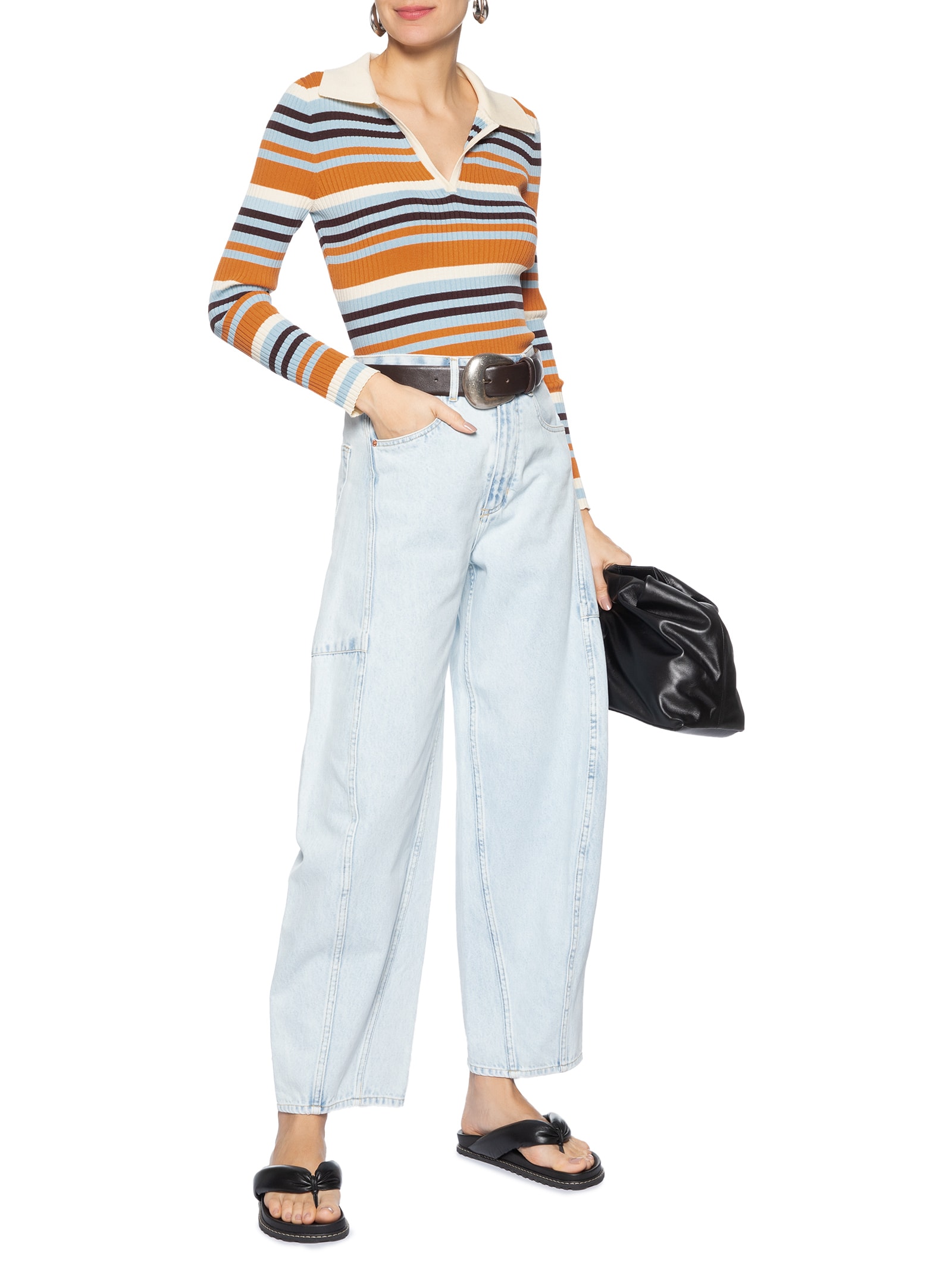Blusa Feminina Polo Listrada De Tricot Com Decote Laranja Animale Jeans