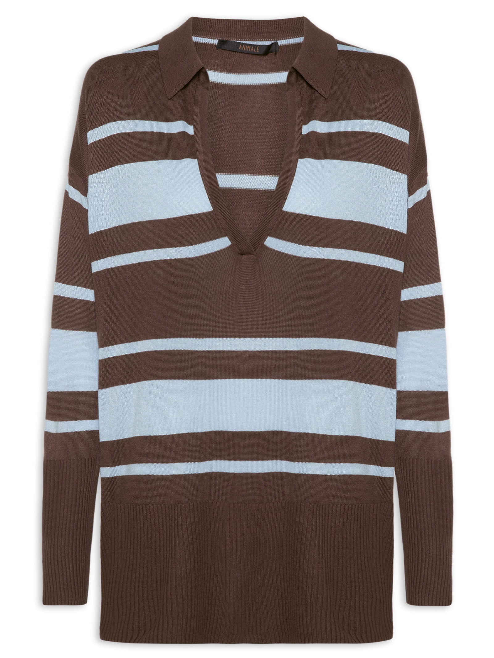 Blusa Feminina Polo Listras Tricot Marrom Animale