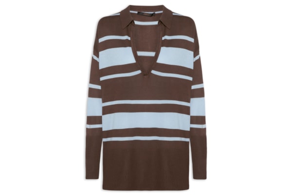 Blusa Feminina Polo Listras Tricot - Marrom