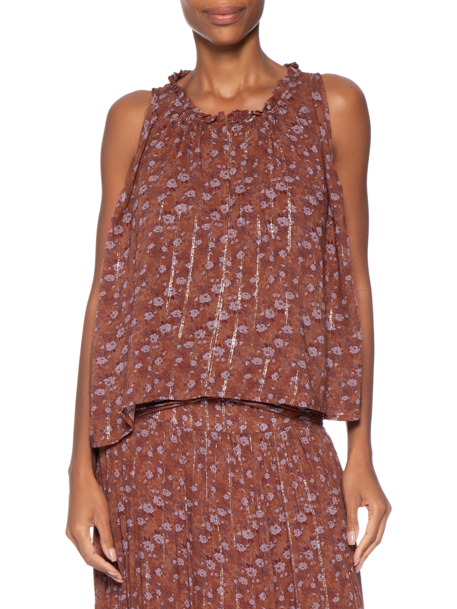 Blusa Feminina Pontas Estampa Roses Marrom Maria Filó