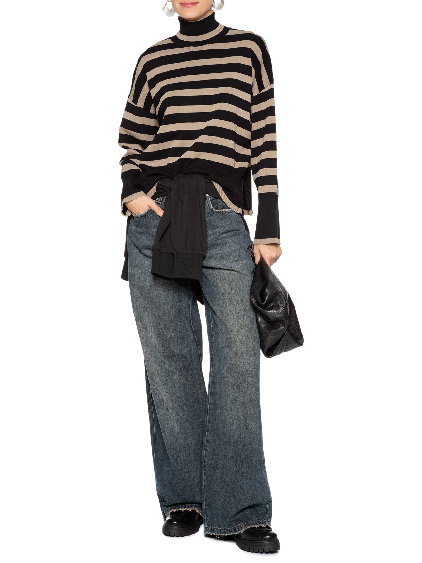 Blusa Feminina Pull De Tricot Amplo Listrado Preto Animale Jeans