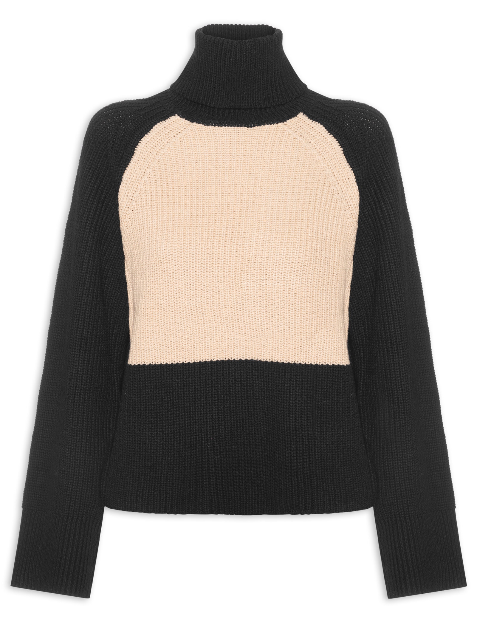Blusa Feminina Pull De Tricot Gola Alta Bicolor Preto Animale