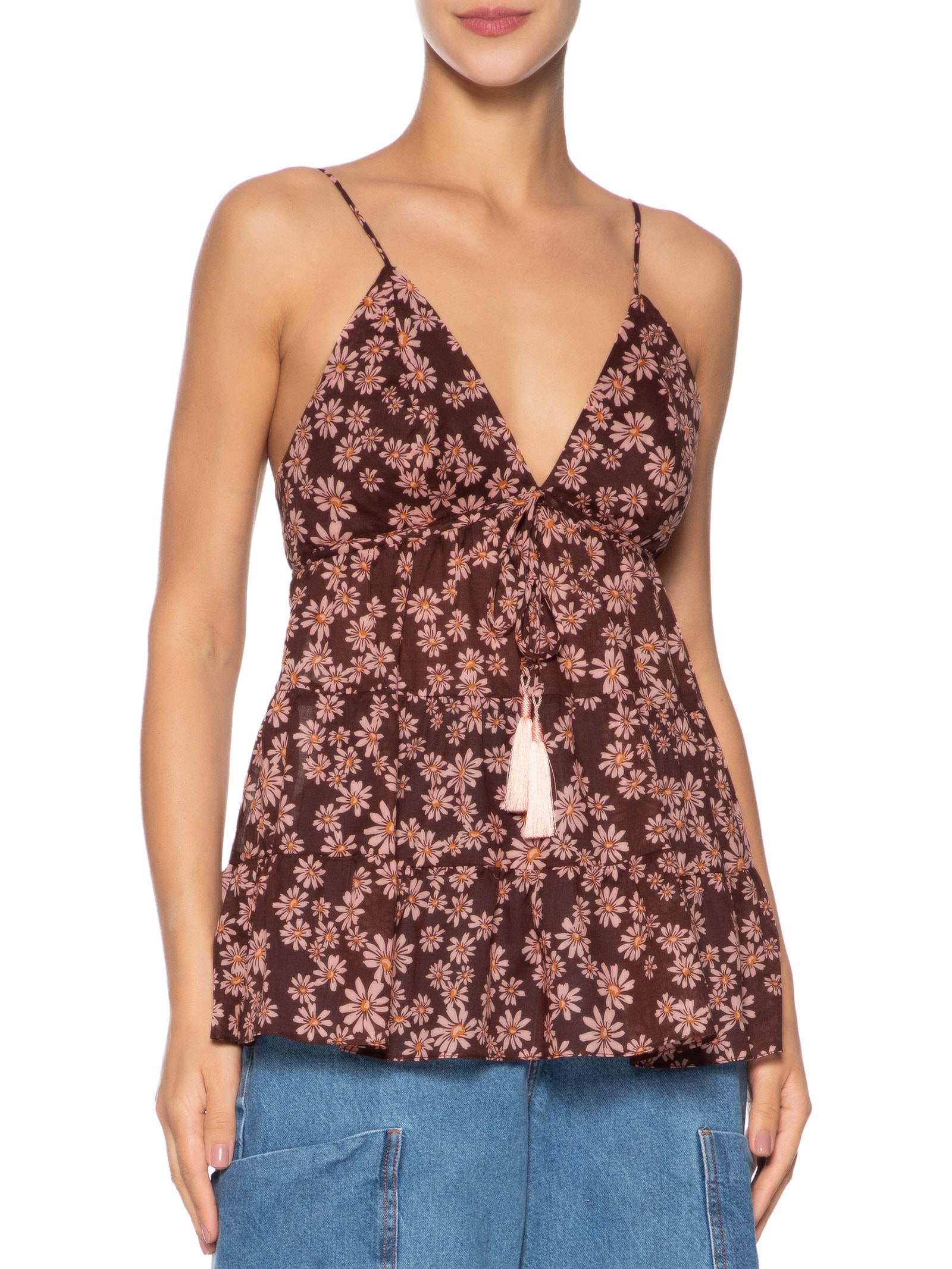 Blusa Feminina Recortes Estampa Margaridas Rosa Marrom Dress To