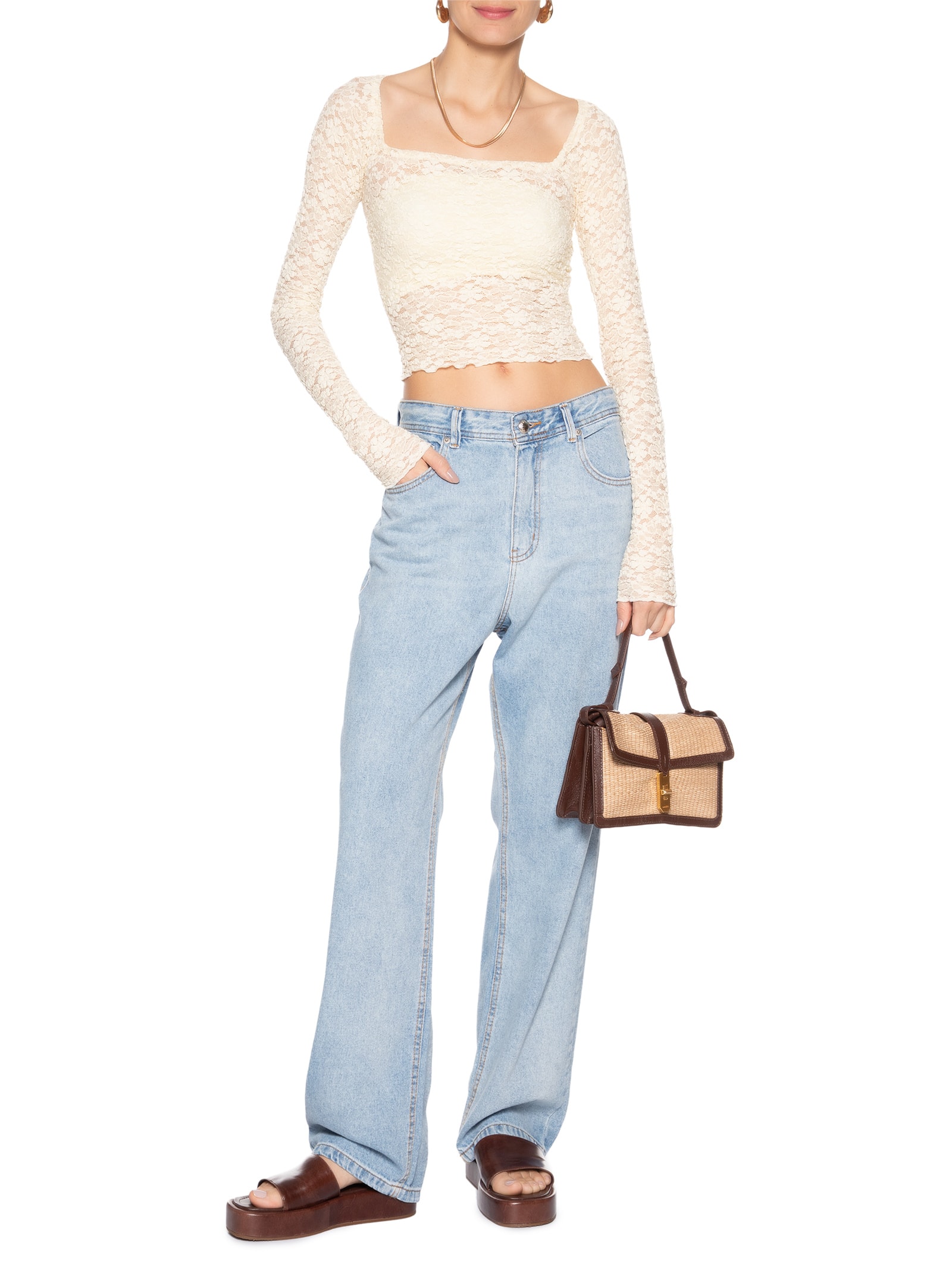 Blusa Feminina Rendada Decote Reto Artesanal Off White Farm