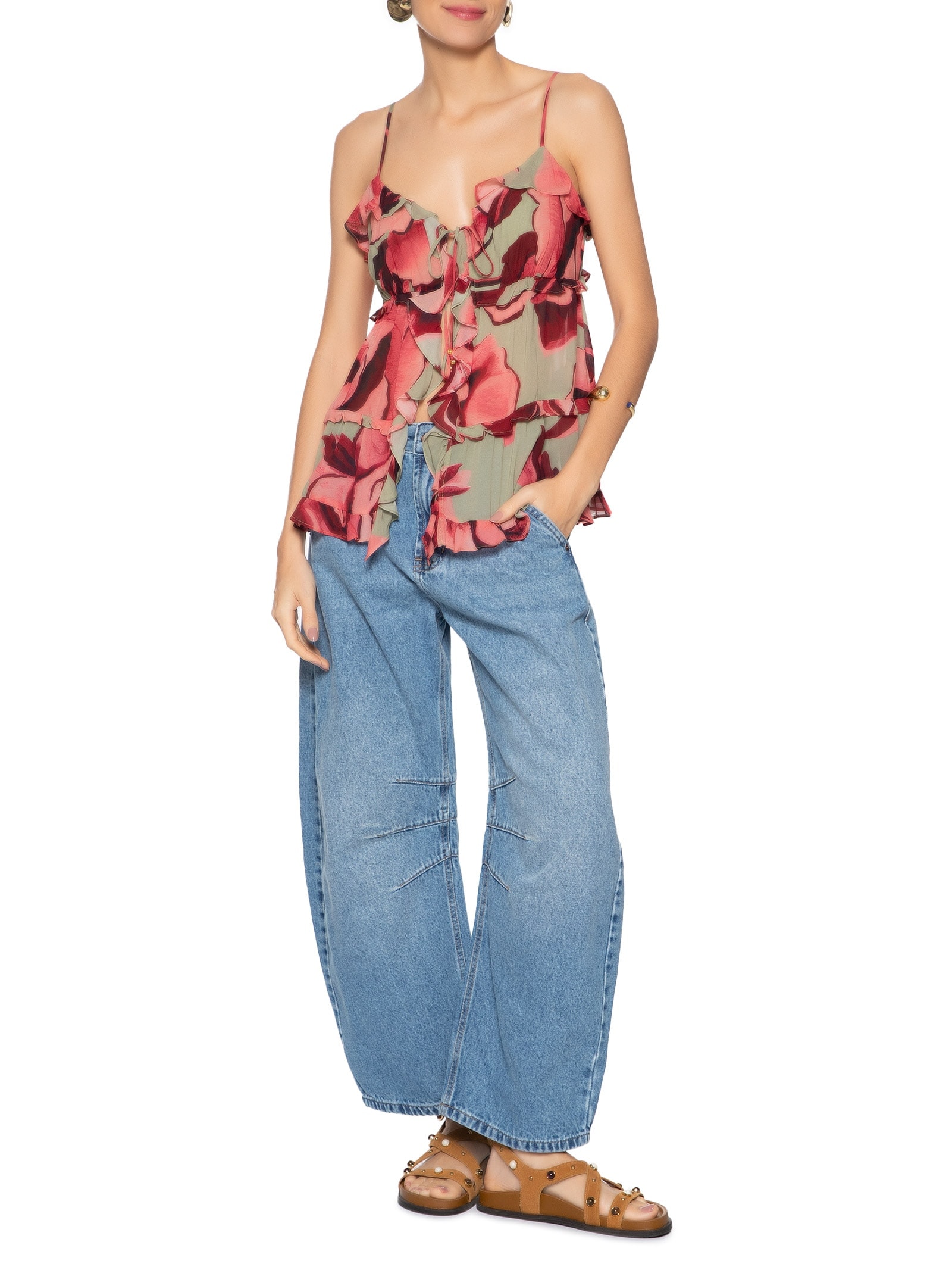 Blusa Feminina Rosas Pintadas Verde Farm