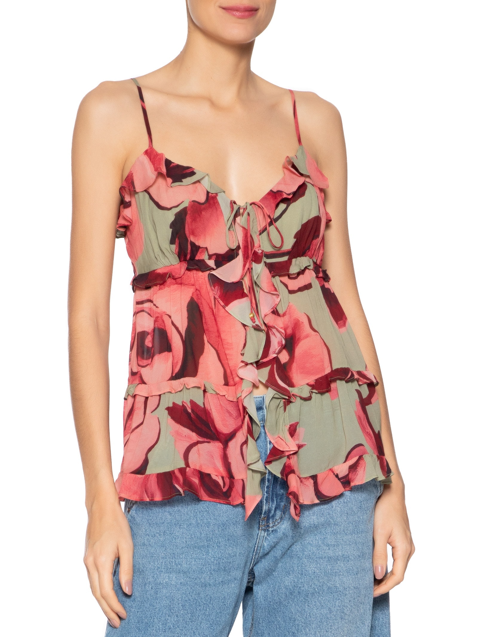 Blusa Feminina Rosas Pintadas Verde Farm