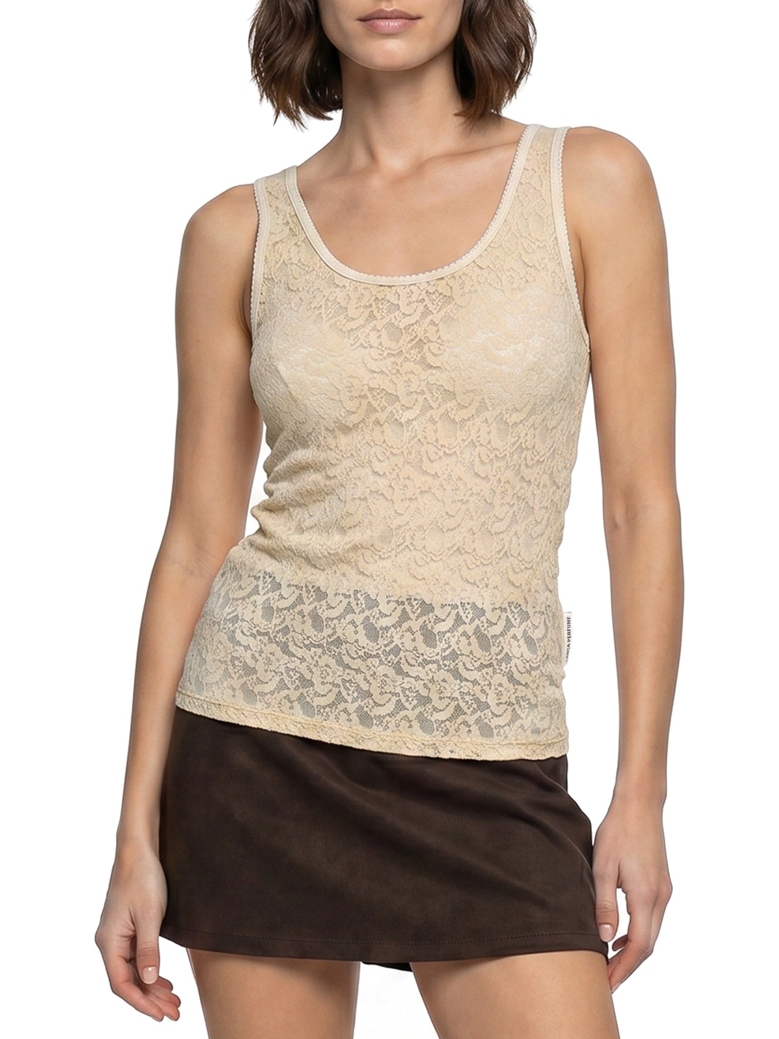 Blusa Feminina Sem Manga De Renda Bege Lança Perfume