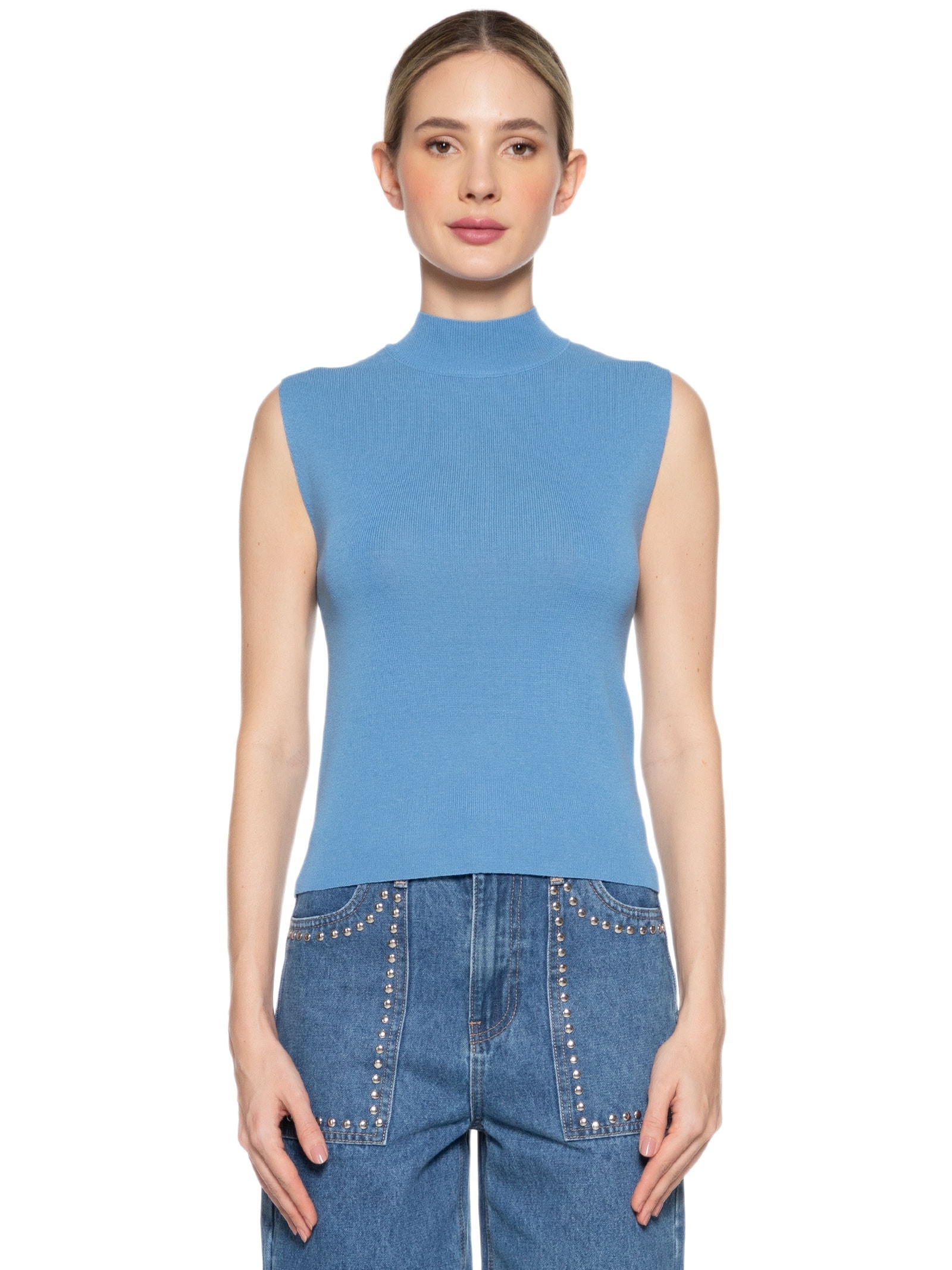 Blusa Feminina Sem Manga Em Tricot Azul Market 33