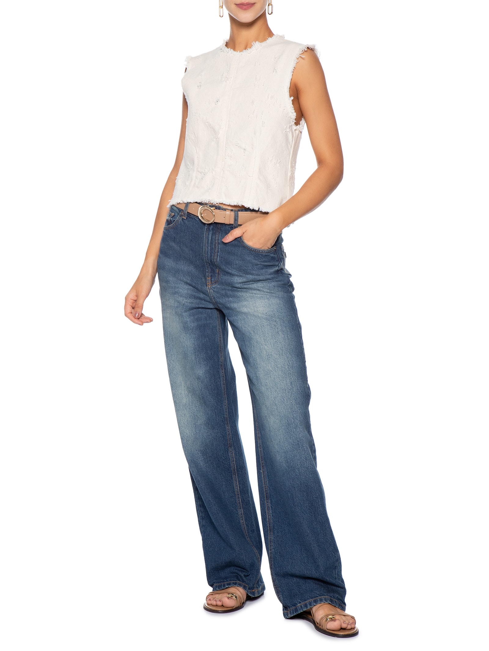 Blusa Feminina Sleeveless Denim Texture Bege Osklen