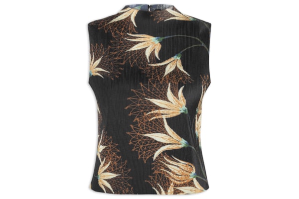 Blusa Feminina Sleeveless Plissê Floral – Preto