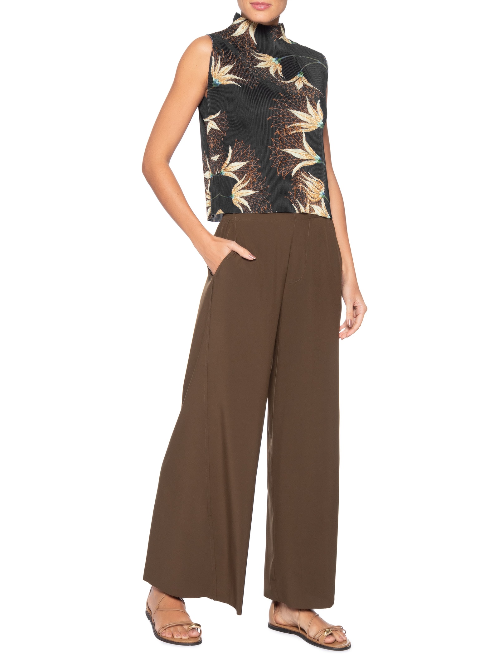 Blusa Feminina Sleeveless Plissê Floral – Preto Osklen