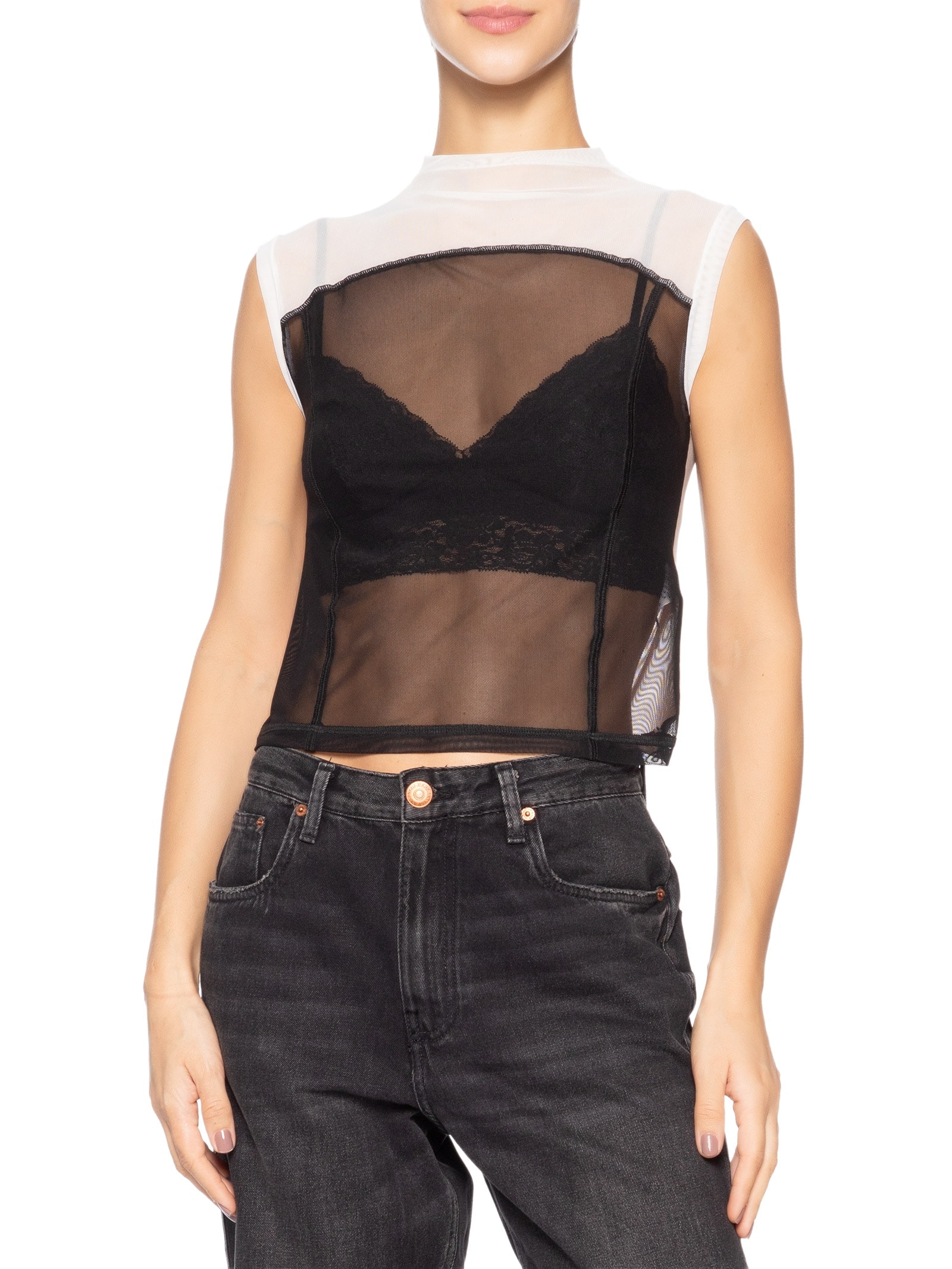Blusa Feminina Sleeveless Tule Recortes Preto Osklen