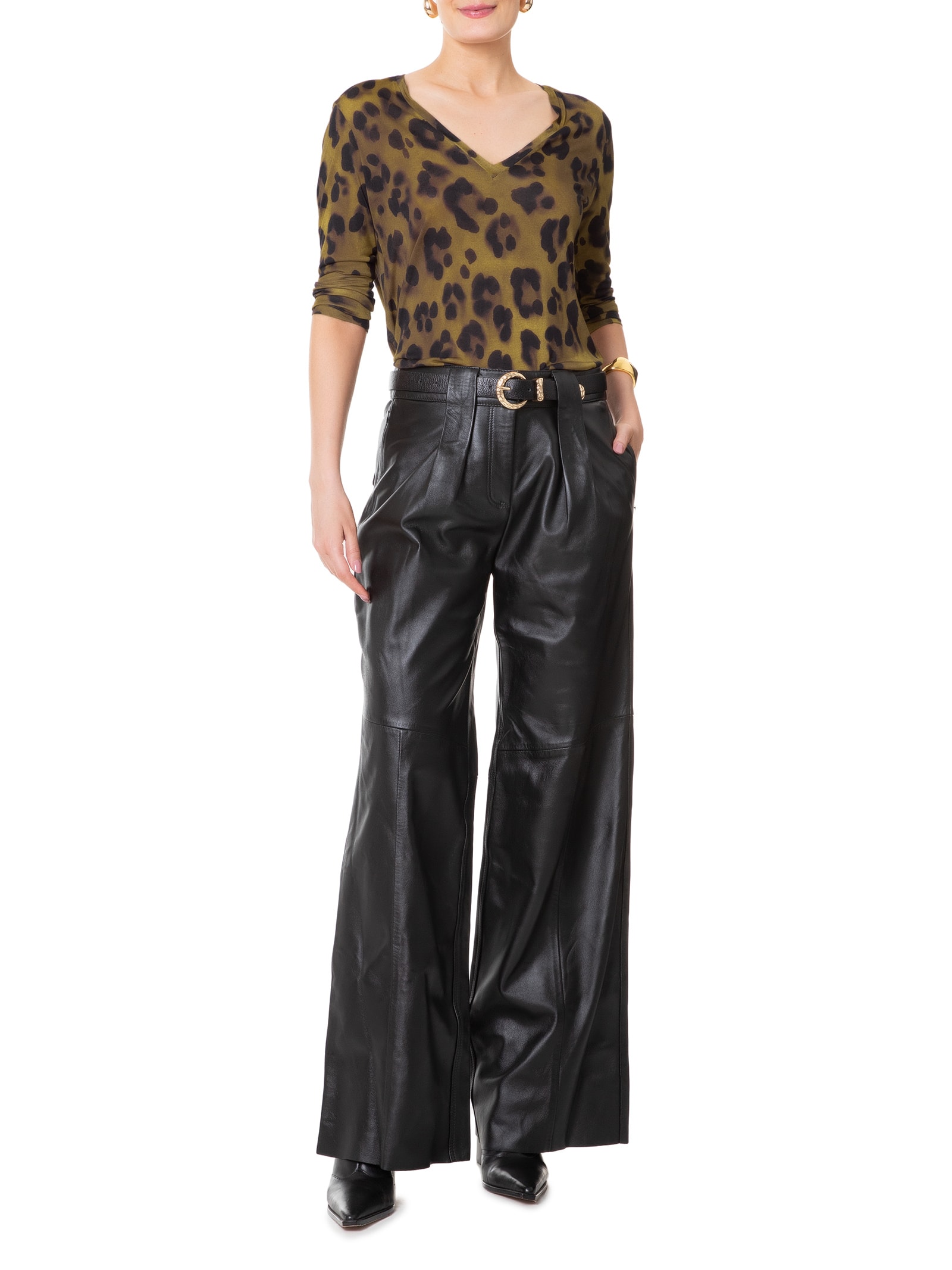 Blusa Feminina Tee Decote V Manga Longa Onça Sombra Animal Print Animale