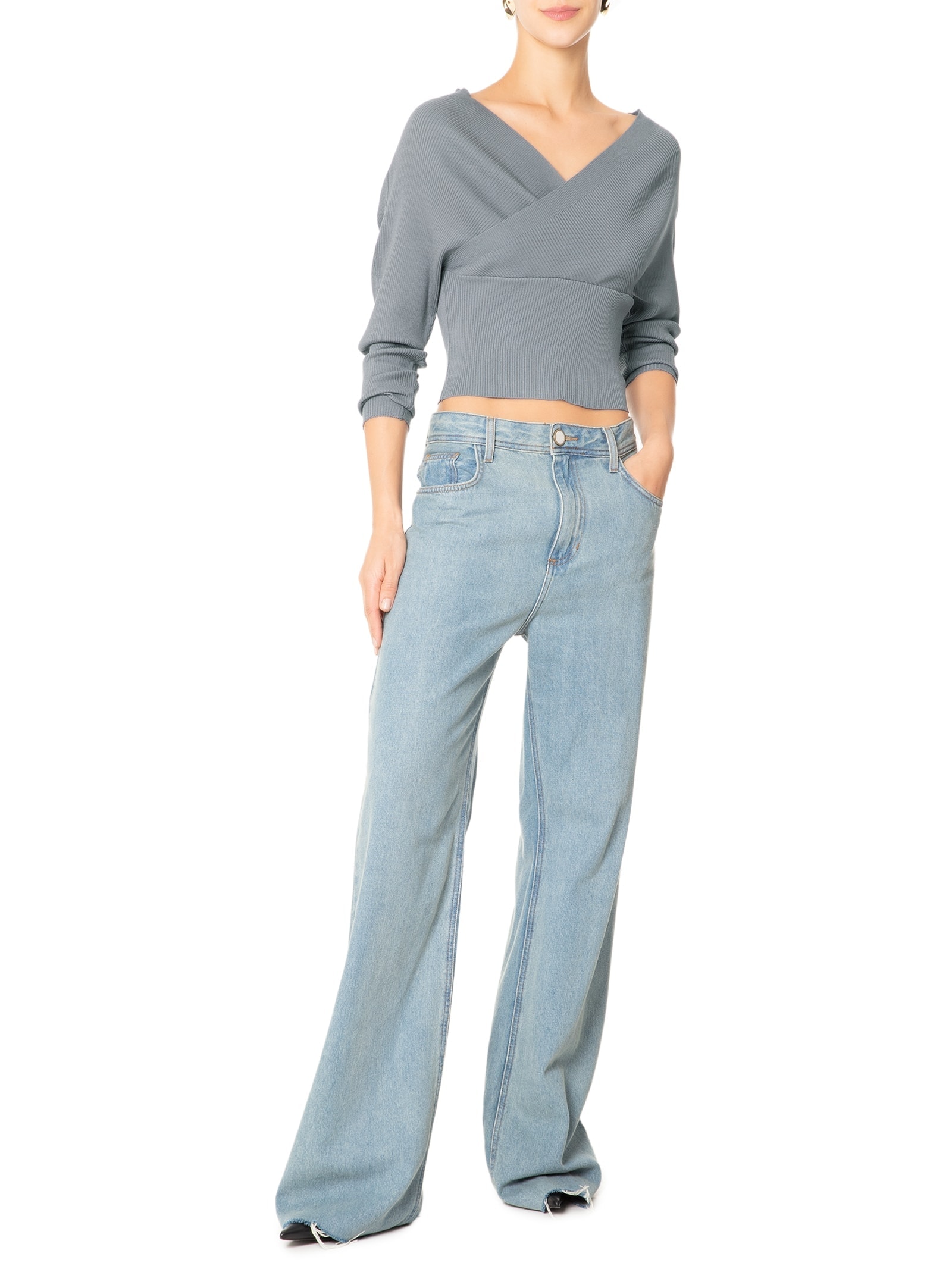 Blusa Feminina Transpassada Em Tricot Cinza '2Essential