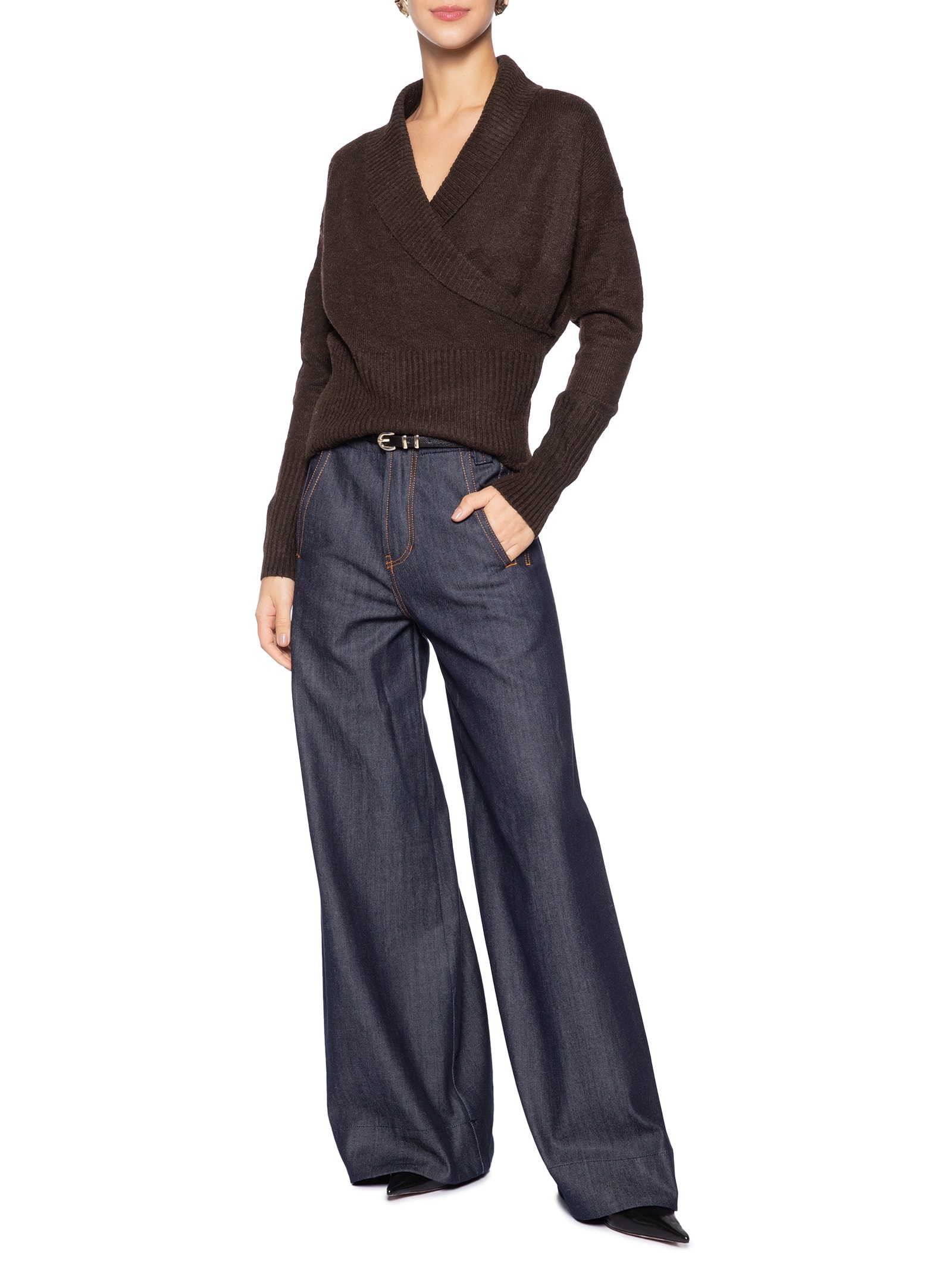 Blusa Feminina Transpassada em Tricot Marrom '2Essential