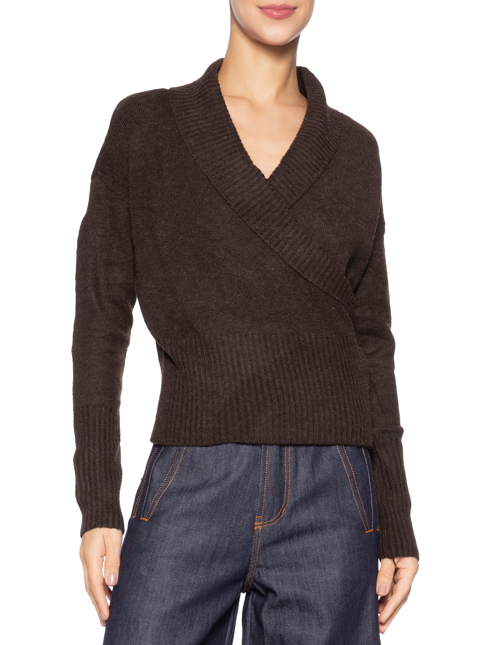 Blusa Feminina Transpassada em Tricot Marrom '2Essential