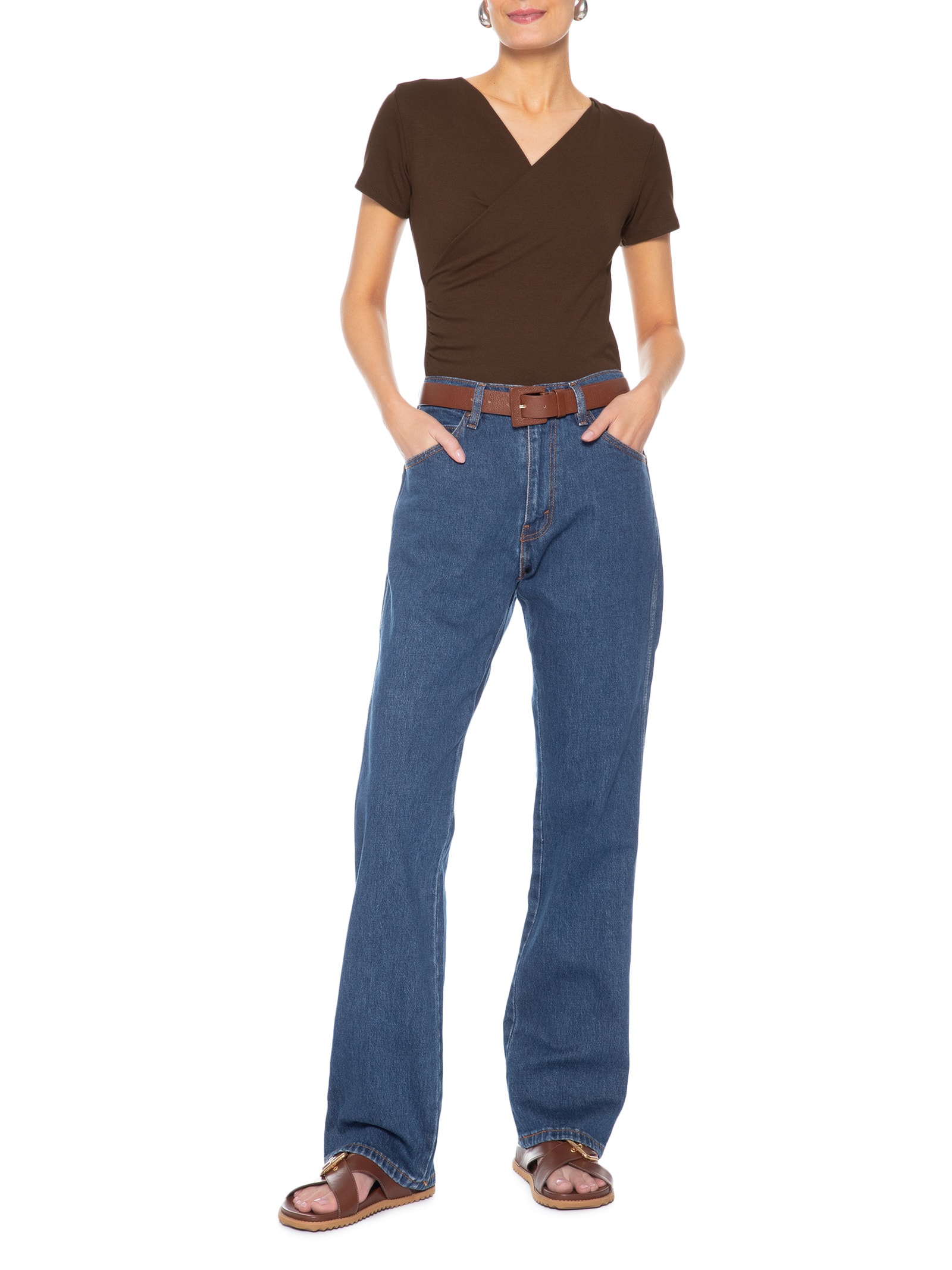 Blusa Feminina Transpassada Manga Curta Marrom Basiq