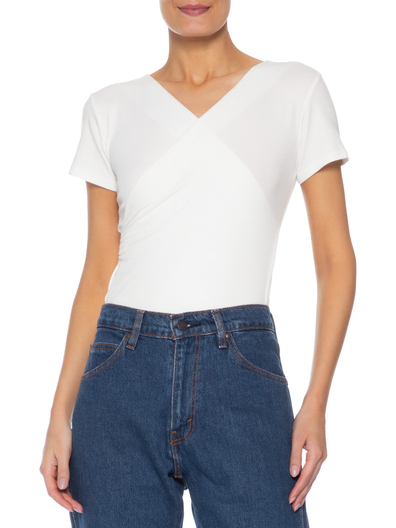 Blusa Feminina Transpassada Manga Curta Off White Basiq